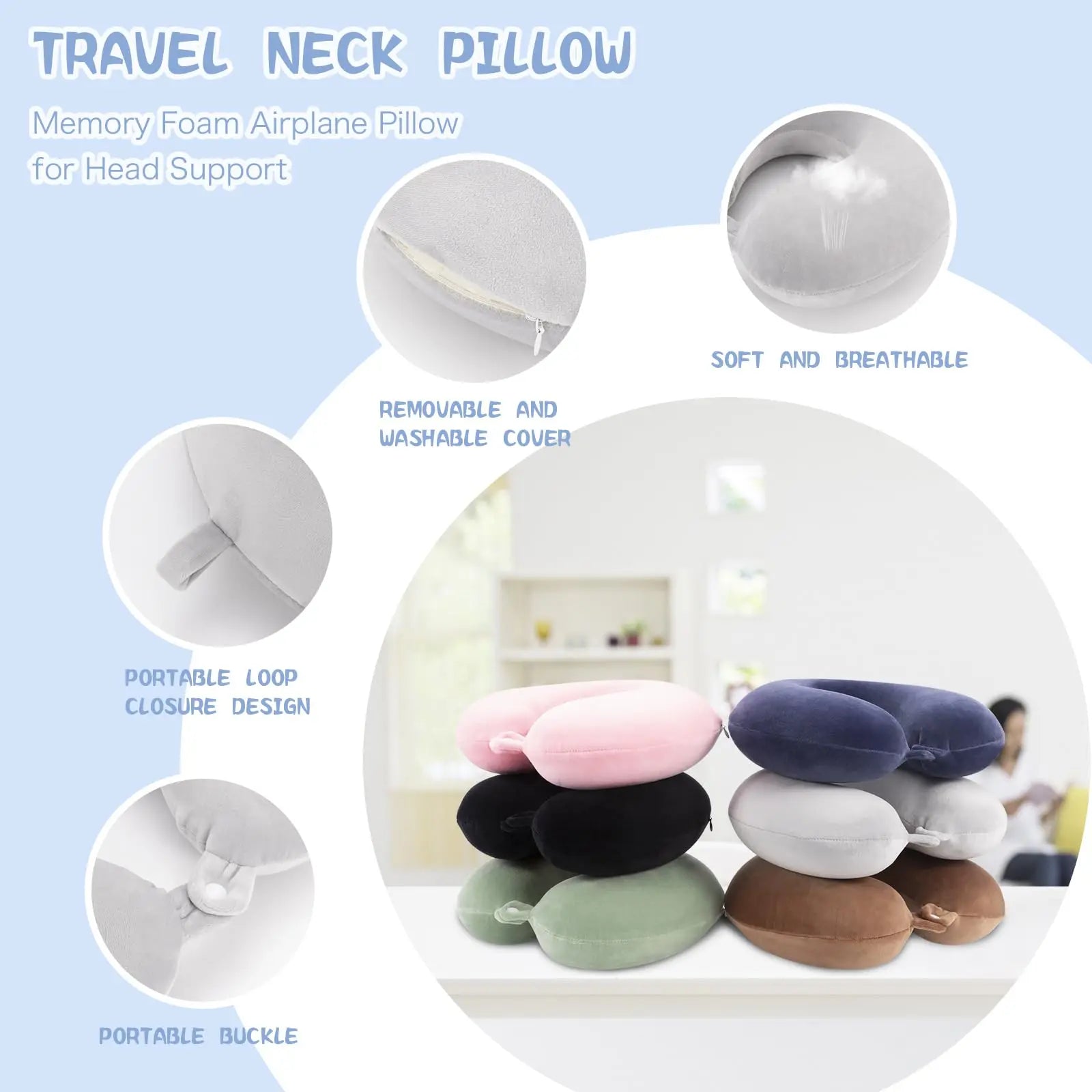 Travel Pillow Neck Pillow Memory Foam Travel Pillows Head Support Pillow for Airplane Train Car Office Travel Essential Flight Pillow (Gray) Gray Wholesale Hub