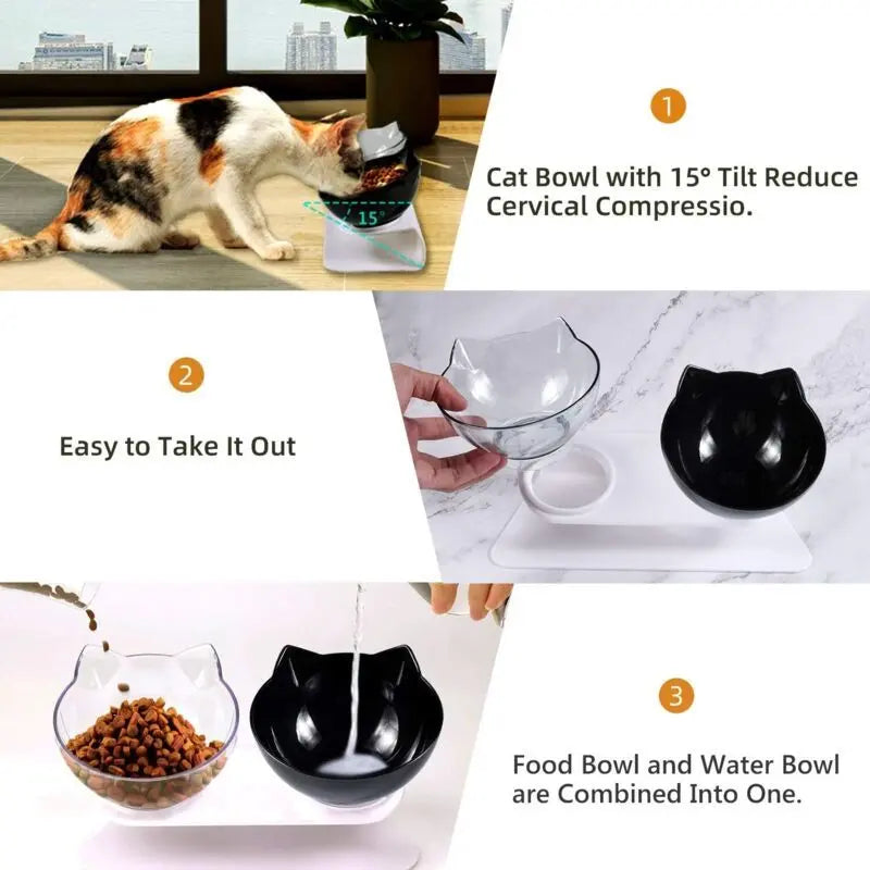 Double Cat Bowl, Cat Bowl, 15 Tilt Double Raised Cat Bowl, Double Bowl Pet Feeder with Raised Stand for Cats and Small Dogs Wholesale Hub