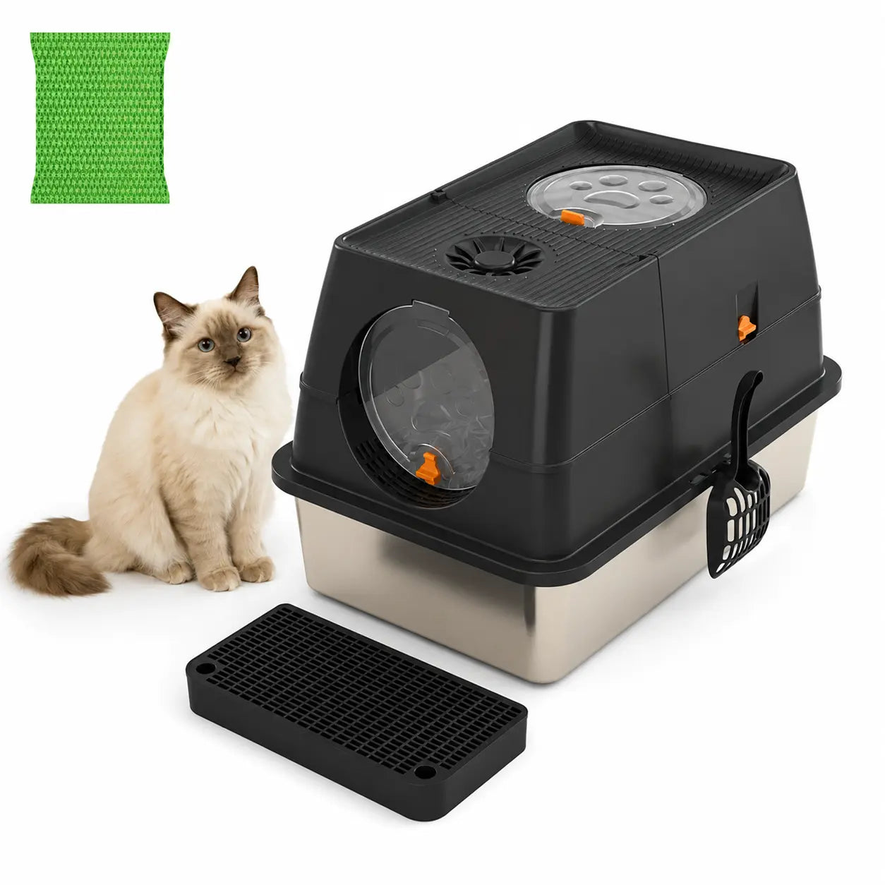 Black Extra Large Stainless Steel Cat Litter Box, Foldable Covered Cat Litter Tray with Round Top & Round Door, Front Entry Top Exit, Anti Tracking Mat, Scoop and Charcoal Filter Wholesale Hub