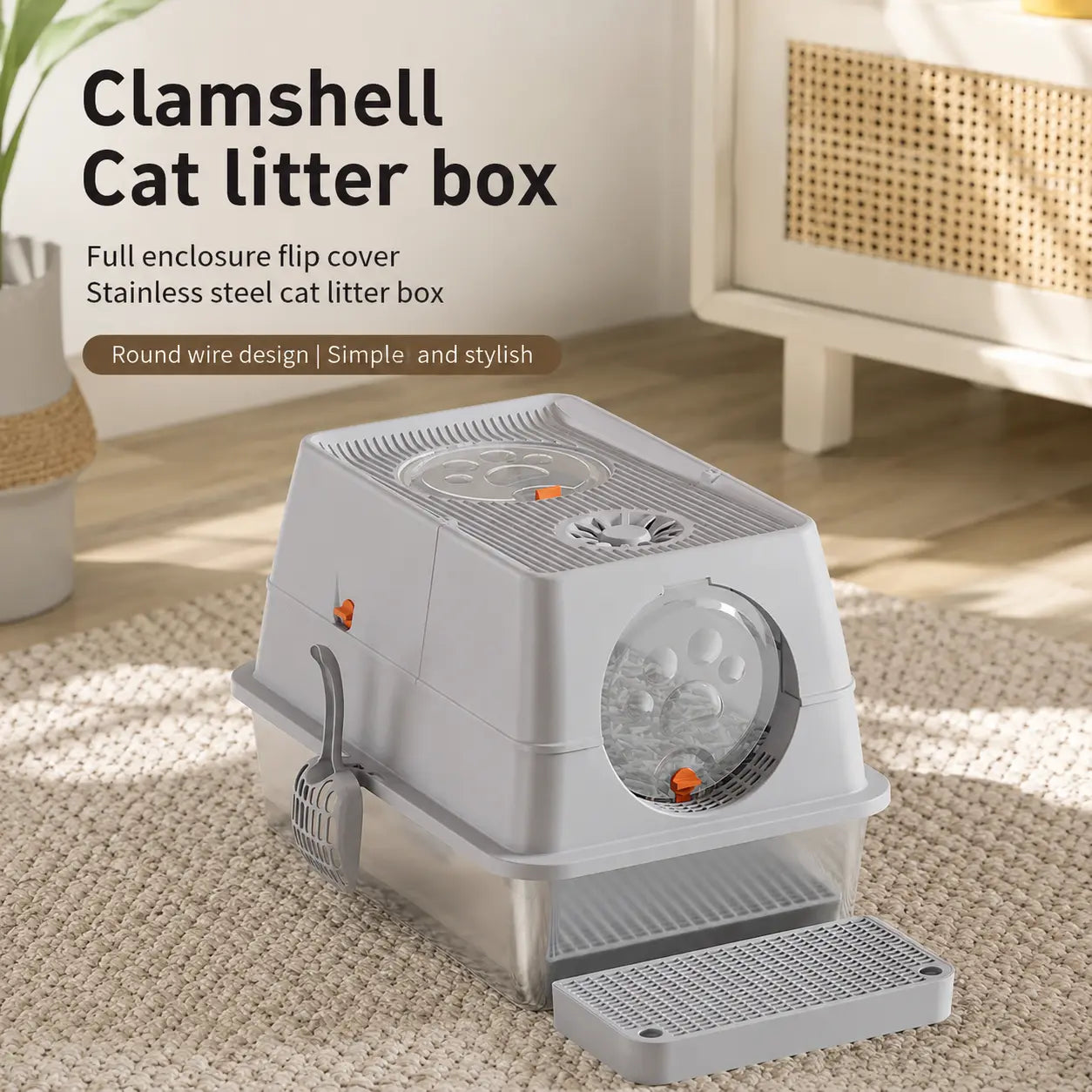 Black Extra Large Stainless Steel Cat Litter Box, Foldable Covered Cat Litter Tray with Round Top & Round Door, Front Entry Top Exit, Anti Tracking Mat, Scoop and Charcoal Filter Wholesale Hub