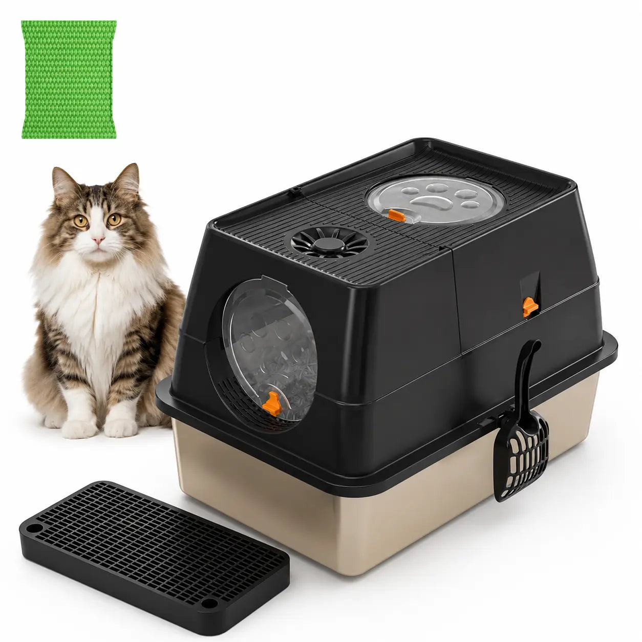 Black Large Stainless Steel Cat Litter Box, Foldable Covered Cat Litter Tray with Round Top & Round Door, Front Entry Top Exit, Anti Tracking Mat, Scoop and Charcoal Filter Wholesale Hub