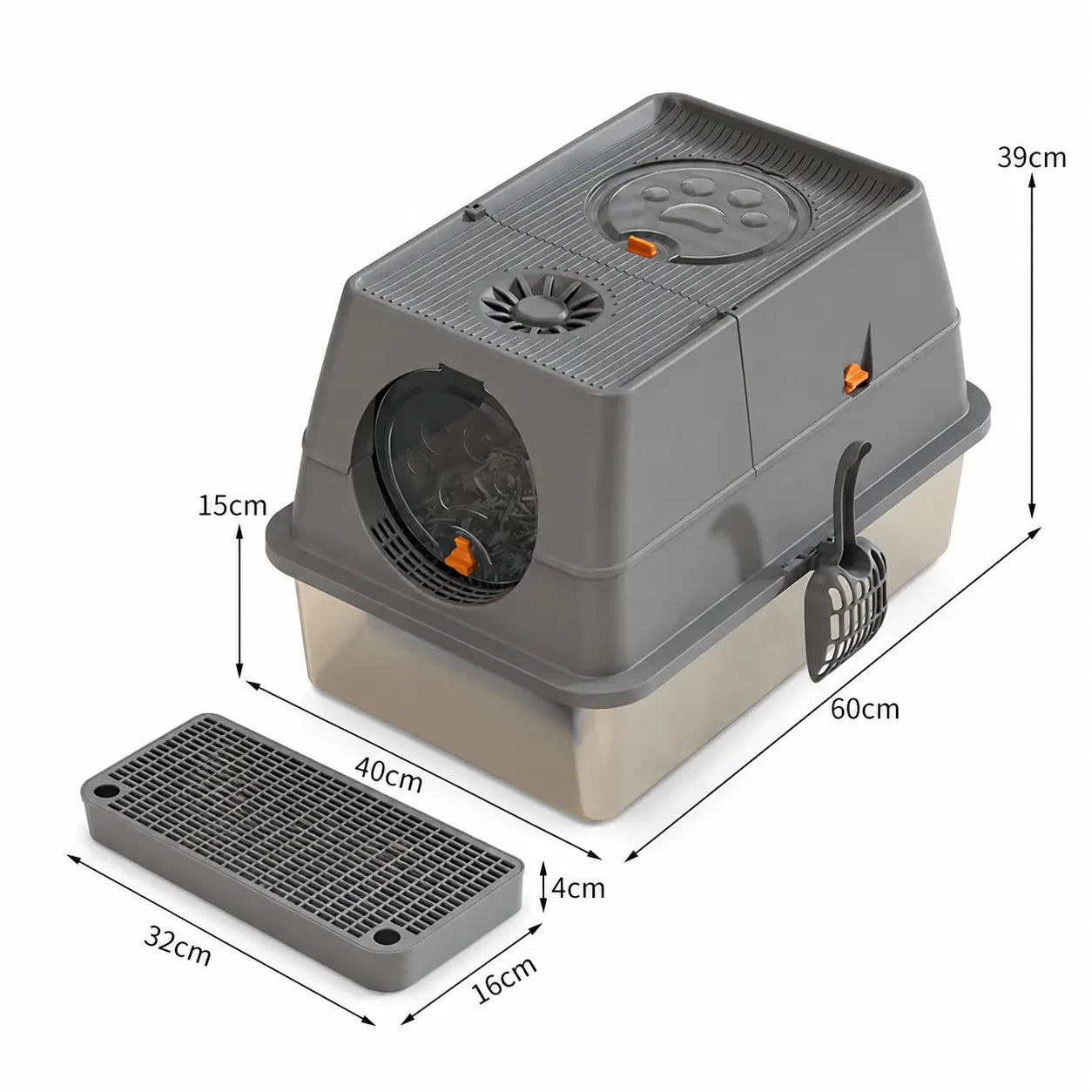 Dark Grey Large Stainless Steel Cat Litter Box, Foldable Covered Cat Litter Tray with Round Top & Round Door, Front Entry Top Exit, Anti Tracking Mat, Scoop and Charcoal Filter Wholesale Hub