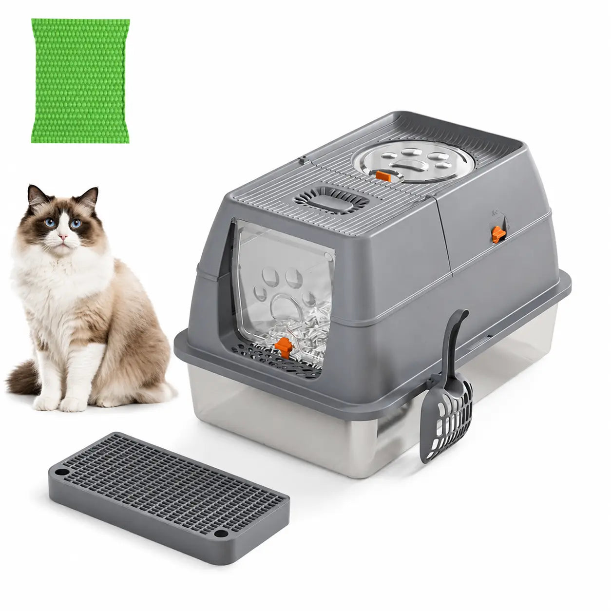 Dark Grey Large Stainless Steel Cat Litter Box, Foldable Covered Cat Litter Tray with Round Top & Square Door, Front Entry Top Exit, Anti Tracking Mat, Scoop and Charcoal Filter Wholesale Hub