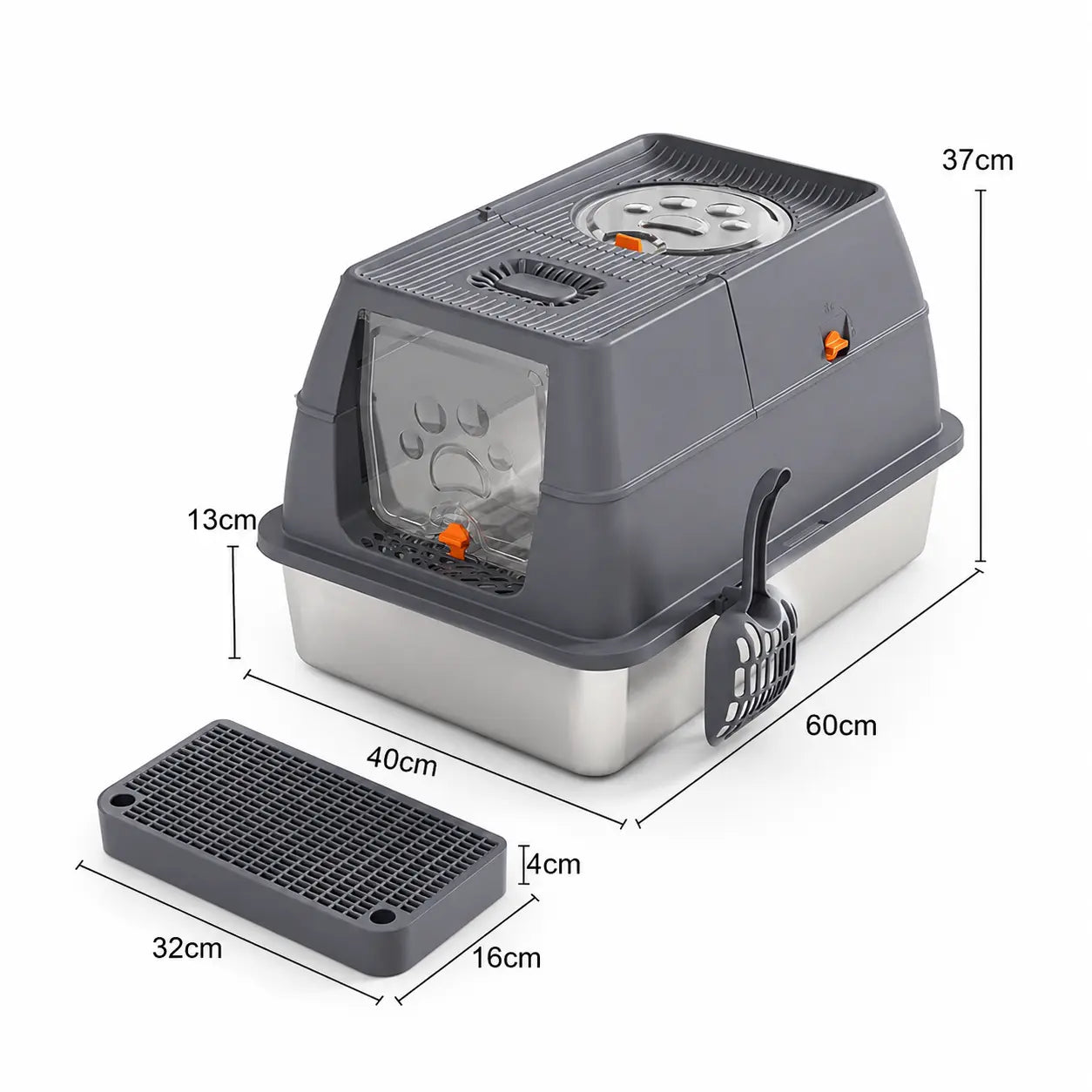 Dark Grey Large Stainless Steel Cat Litter Box, Foldable Covered Cat Litter Tray with Round Top & Square Door, Front Entry Top Exit, Anti Tracking Mat, Scoop and Charcoal Filter Wholesale Hub