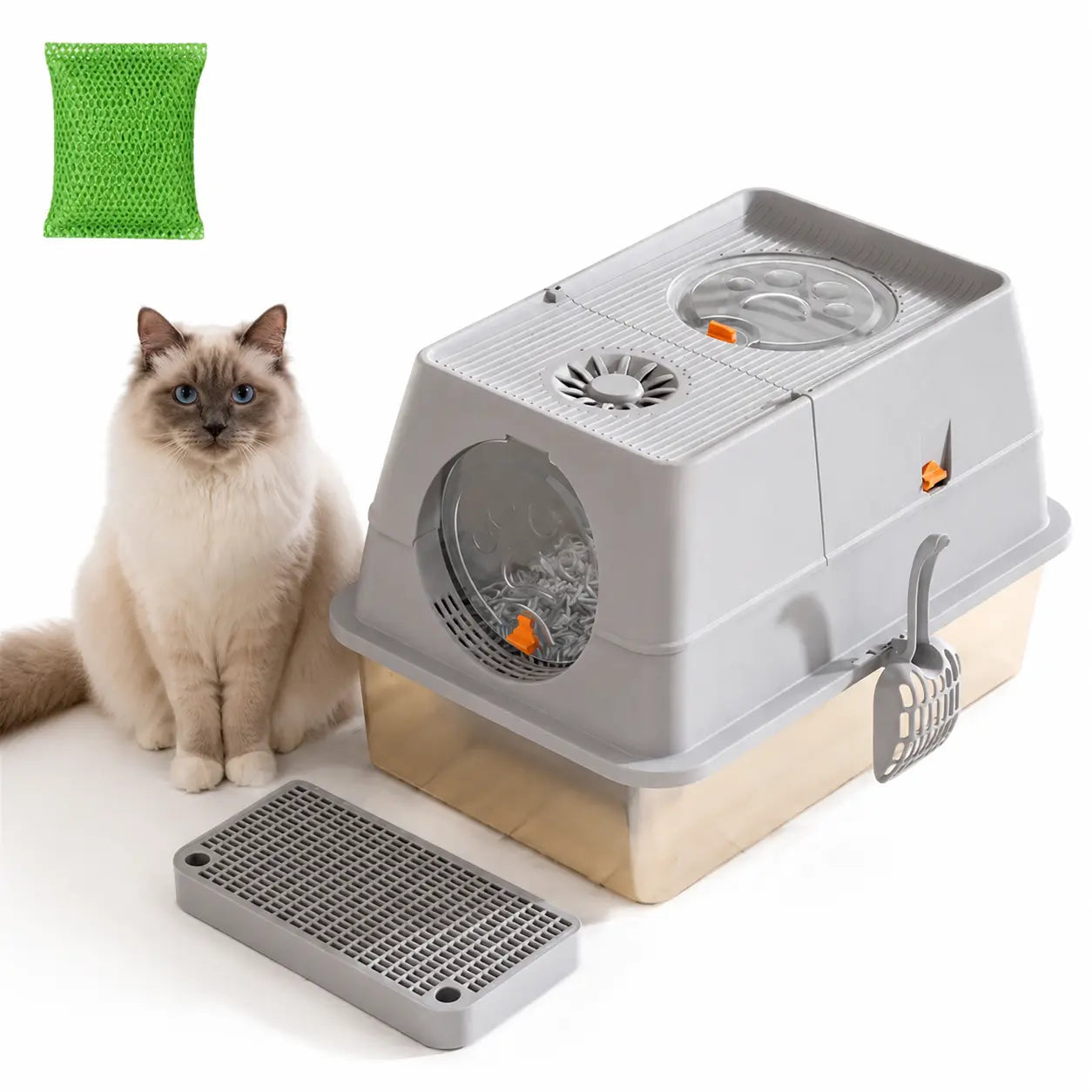Light Grey Large Stainless Steel Cat Litter Box, Foldable Covered Cat Litter Tray with Round Top & Round Door, Front Entry Top Exit, Anti Tracking Mat, Scoop and Charcoal Filter Wholesale Hub
