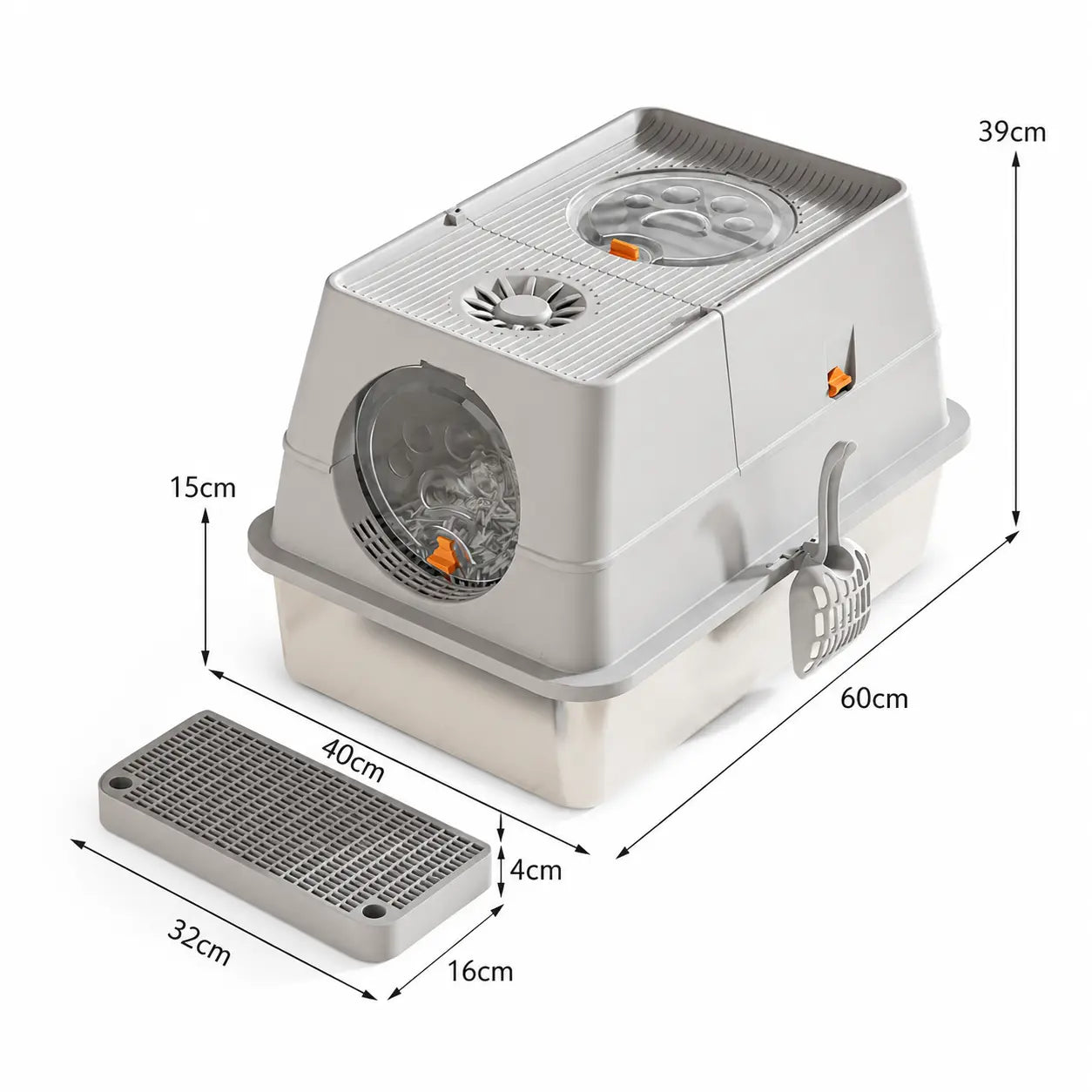 Light Grey Large Stainless Steel Cat Litter Box, Foldable Covered Cat Litter Tray with Round Top & Round Door, Front Entry Top Exit, Anti Tracking Mat, Scoop and Charcoal Filter Wholesale Hub