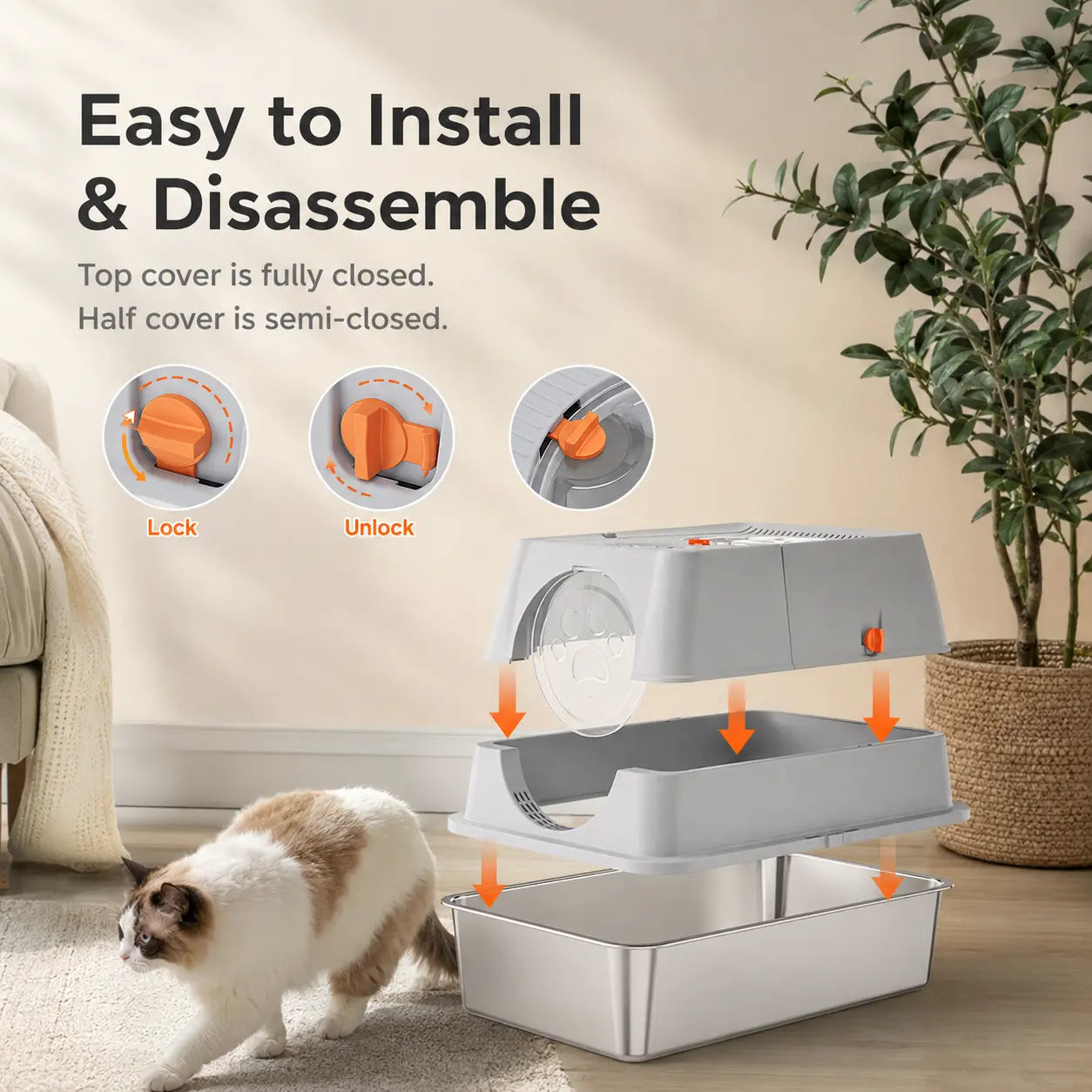 Light Grey Large Stainless Steel Cat Litter Box, Foldable Covered Cat Litter Tray with Round Top & Round Door, Front Entry Top Exit, Anti Tracking Mat, Scoop and Charcoal Filter Wholesale Hub