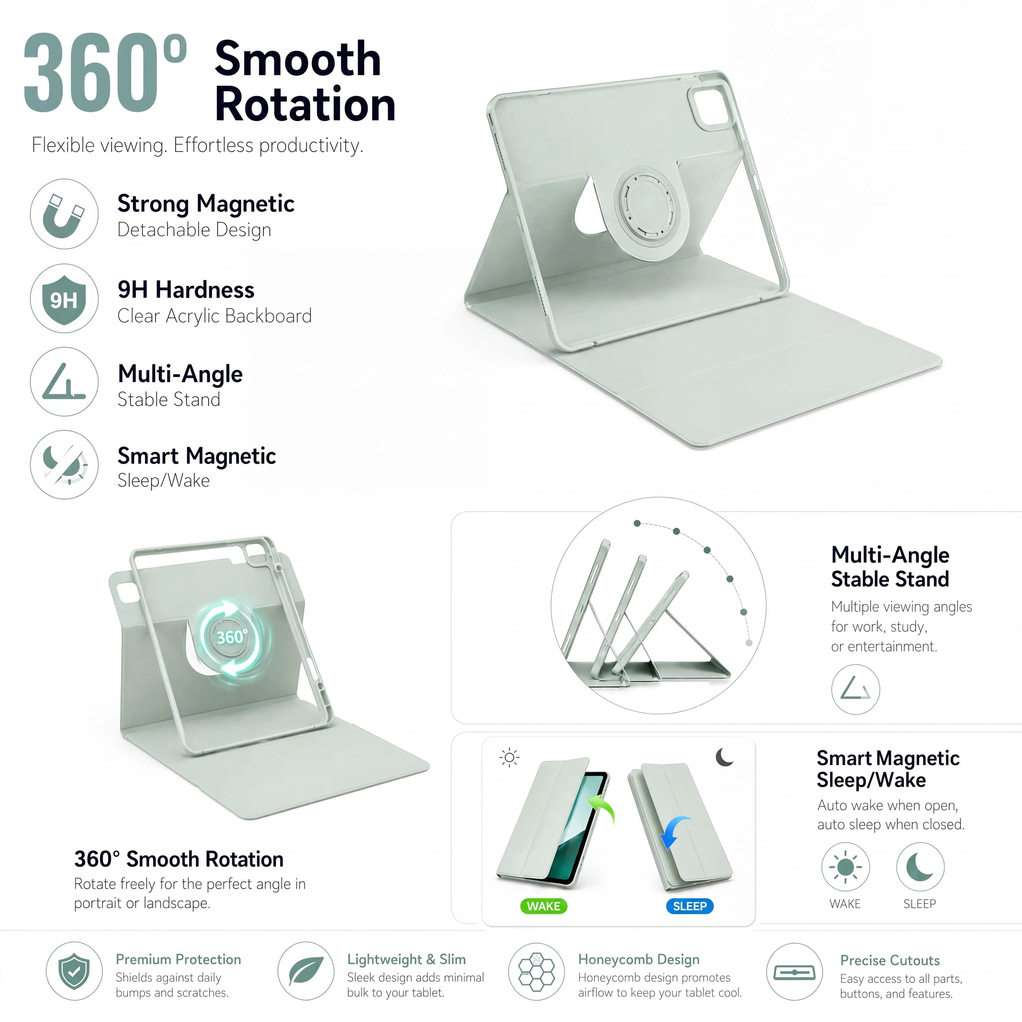 SENYOSON Green iPad Case for iPad Pro 12.9/13 Inch iPad Pro 12.9" 3rd-6th Gen & iPad Pro 13" & iPad Air 13", Detachable Magnetic Rotating Stand Cover with Honeycomb Back Panel Cooling, Snug Fit Protective Case Wholesale Hub