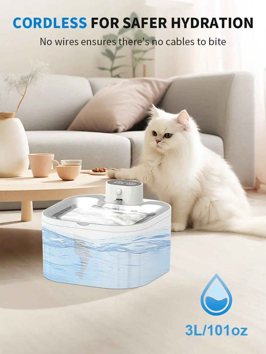U7 Cat Water Fountain Waterer 3L/101oz, Wireless & USB Rechargeable Pet Water Fountain with 304 Stainless Steel Lid, Smart Infrared Motion Sensor Automatic Pet Water Dispenser, Ultra Quiet Pump, Detachable Easy Clean, 4 Filters Included Wholesale Hub