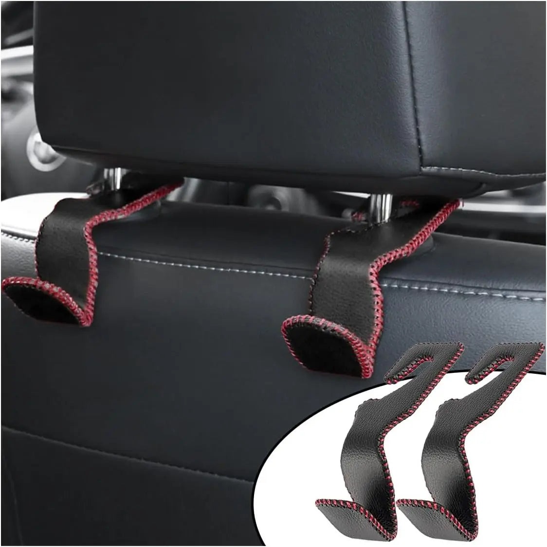 2Pack Car Seat Back Headrest Hooks, Superior Leather Auto Seat Hook Hangers, Vehicle Interior Organizer Accessories for Hanging Purse, Grocery Bags, Coats, Umbrellas (Black&Red) Wholesale Hub