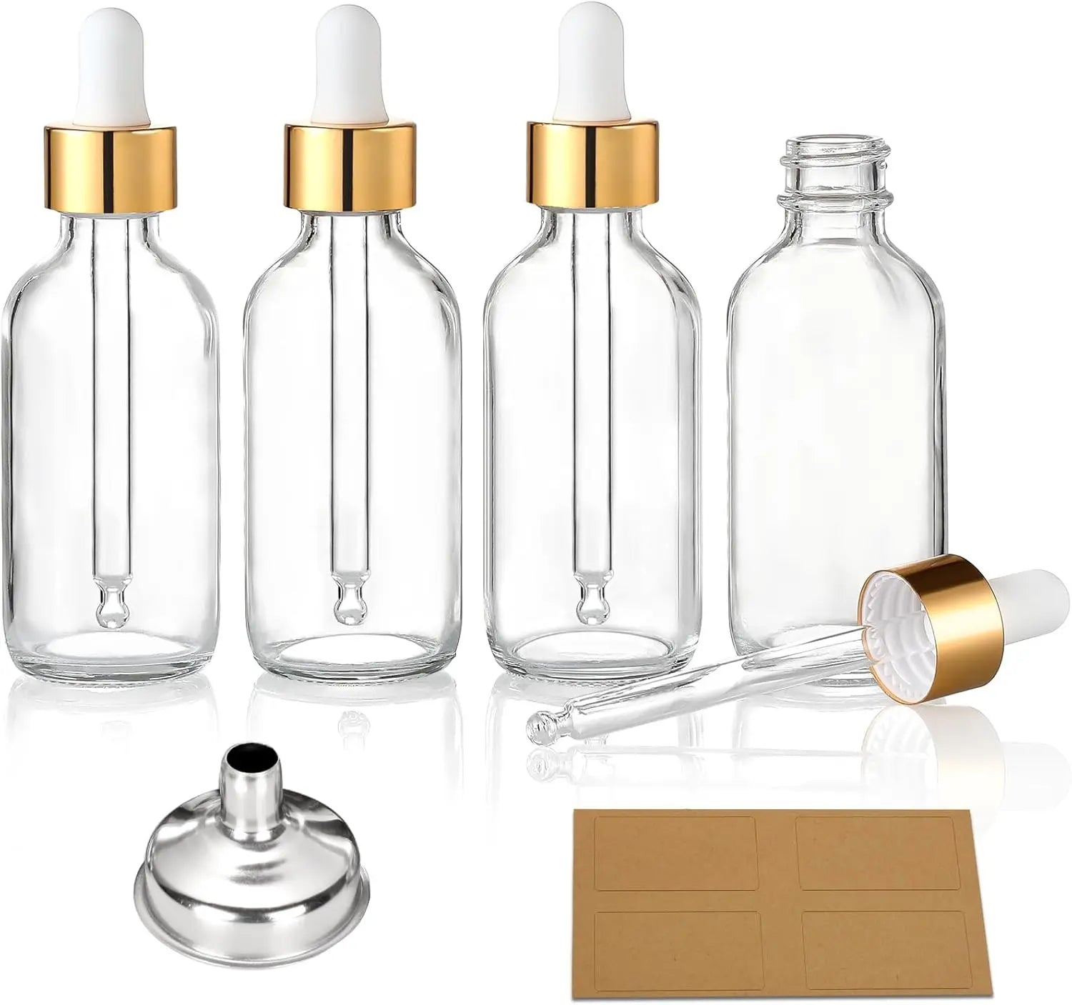 4 Pcs, 1 oz Golden Cap Clear Dropper Bottles (30ml) with 1 Funnel & 4 Labels - Glass Tincture Bottles with Eye Droppers - Leakproof Essential Oil Bottles for Health, Personal Care & Beauty Wholesale Hub