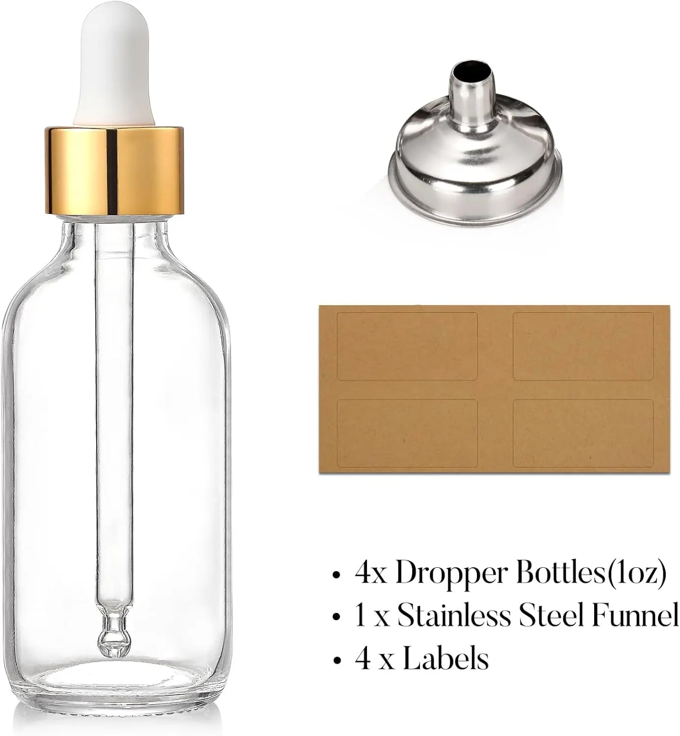 4 Pcs, 1 oz Golden Cap Clear Dropper Bottles (30ml) with 1 Funnel & 4 Labels - Glass Tincture Bottles with Eye Droppers - Leakproof Essential Oil Bottles for Health, Personal Care & Beauty Wholesale Hub