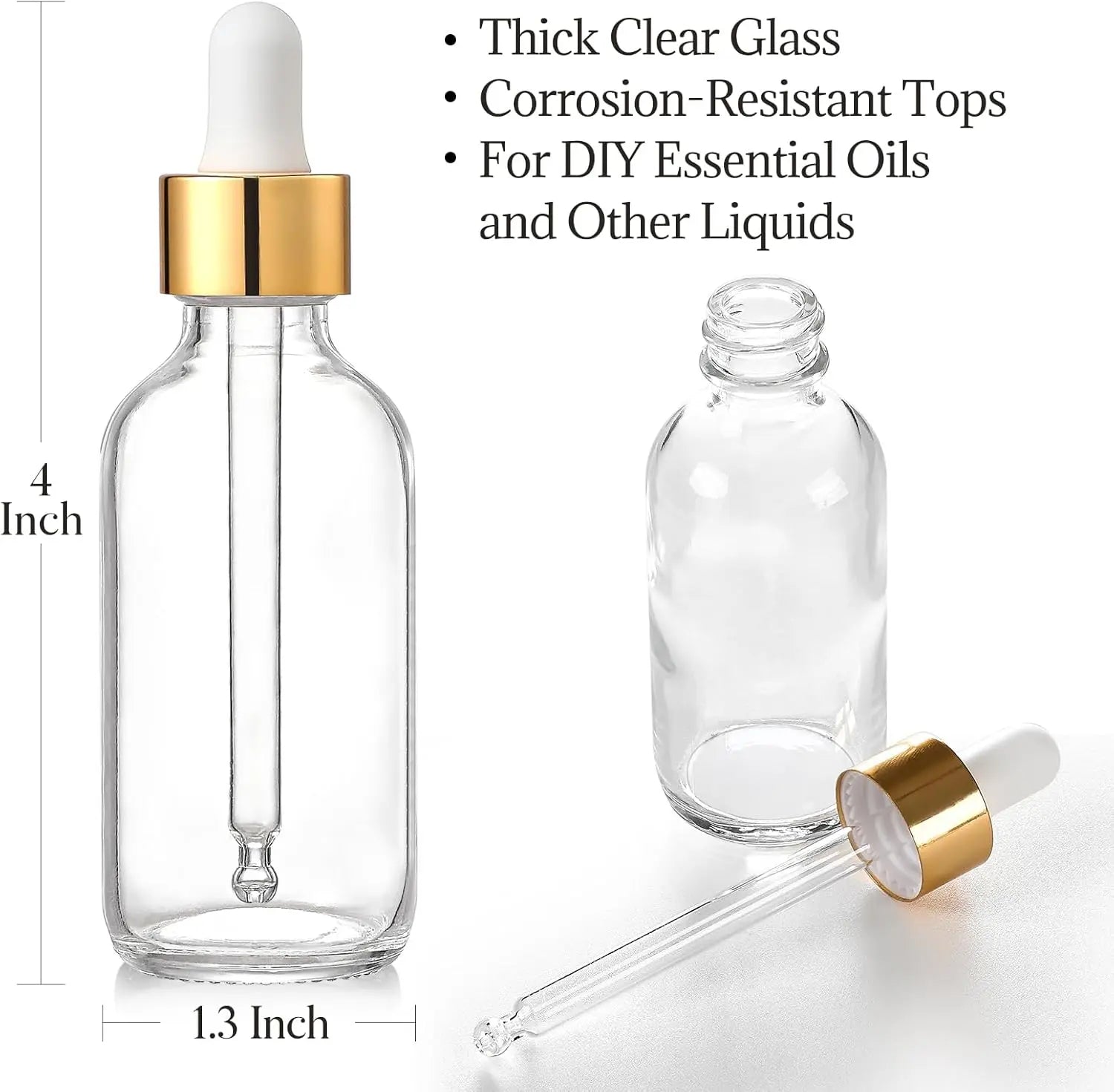 4 Pcs, 1 oz Golden Cap Clear Dropper Bottles (30ml) with 1 Funnel & 4 Labels - Glass Tincture Bottles with Eye Droppers - Leakproof Essential Oil Bottles for Health, Personal Care & Beauty Wholesale Hub