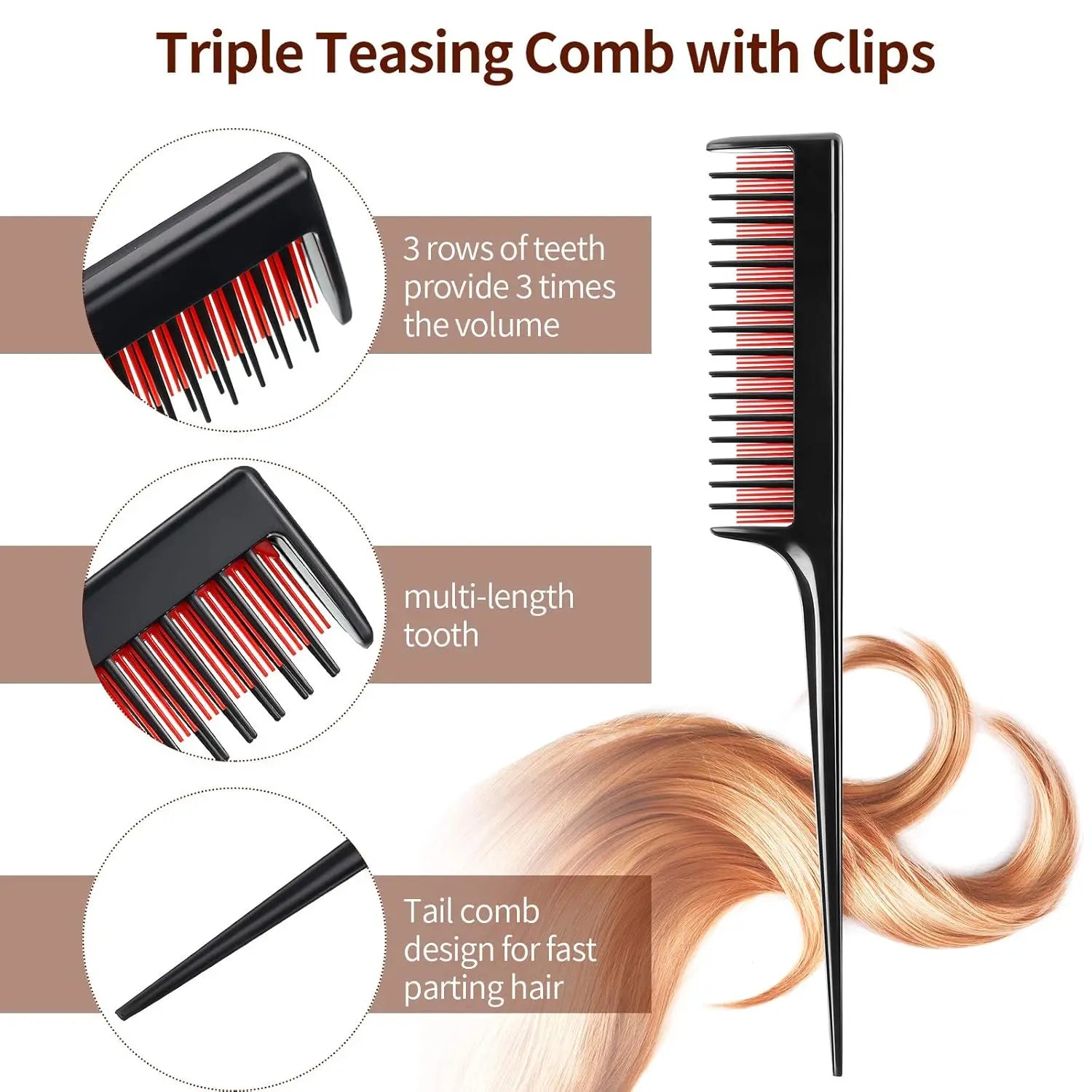 3 Pcs Hair Teasing Comb Set Includes 2 Nylon Triple Comb and Boar Bristle Teaser Brushes for Women Stylist Men Backcombing Slicking Curly Thick Wet Hair(Black) Wholesale Hub