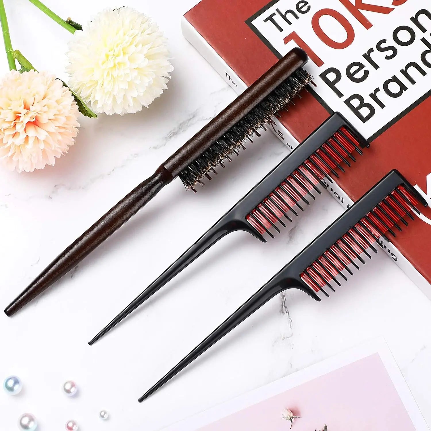 3 Pcs Hair Teasing Comb Set Includes 2 Nylon Triple Comb and Boar Bristle Teaser Brushes for Women Stylist Men Backcombing Slicking Curly Thick Wet Hair(Black) Wholesale Hub
