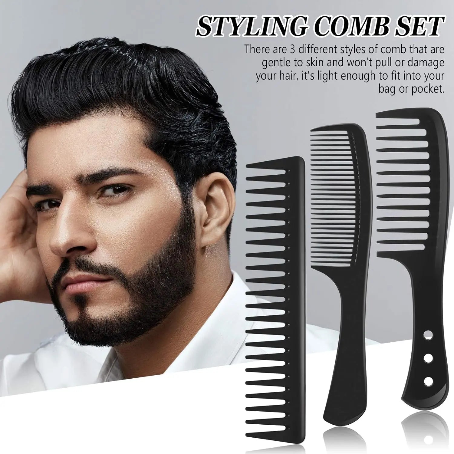 3 Pieces Wide Tooth Detangling Hair Comb Styling Set, Carbon Fiber Styling Cutting Comb Anti Static Heat Resistant for Women Curly Straight Long Hair, Black Wholesale Hub