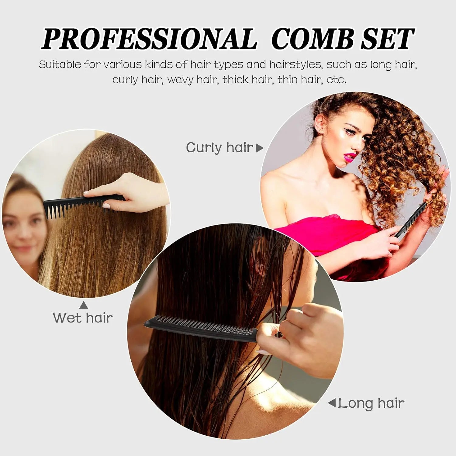 3 Pieces Wide Tooth Detangling Hair Comb Styling Set, Carbon Fiber Styling Cutting Comb Anti Static Heat Resistant for Women Curly Straight Long Hair, Black Wholesale Hub