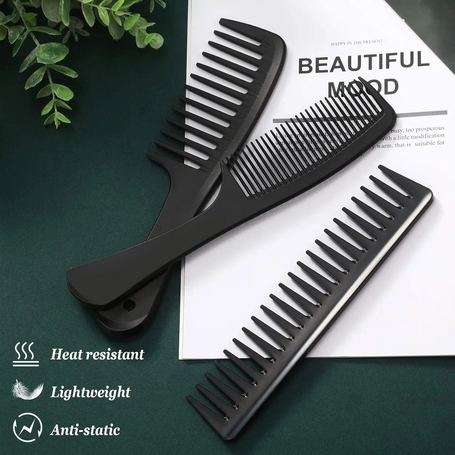 3 Pieces Wide Tooth Detangling Hair Comb Styling Set, Carbon Fiber Styling Cutting Comb Anti Static Heat Resistant for Women Curly Straight Long Hair, Black Wholesale Hub