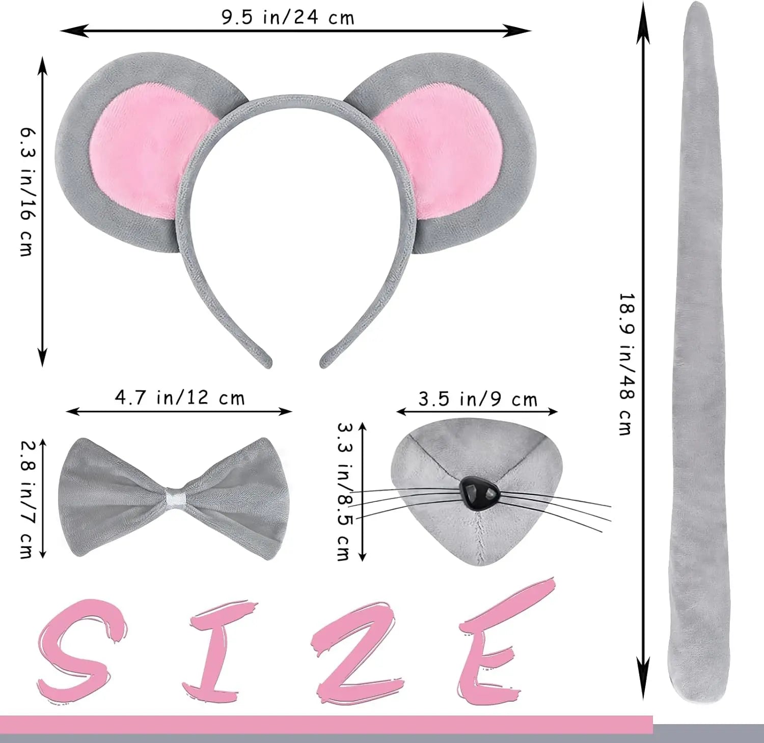 Mouse Costume Accessory Set,Rat Costume Set,Mouse Costume Set Includes Ear Headband,Tail,Nose,Bow Tie for Halloween Wholesale Hub
