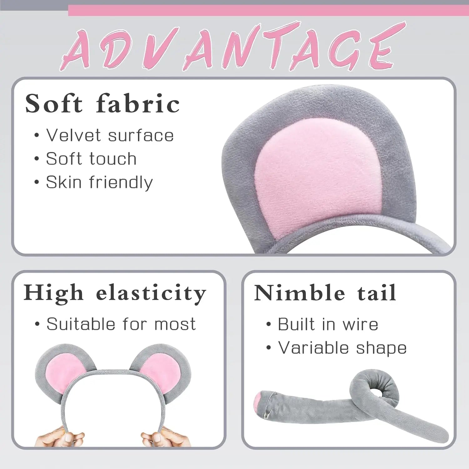 Mouse Costume Accessory Set,Rat Costume Set,Mouse Costume Set Includes Ear Headband,Tail,Nose,Bow Tie for Halloween Wholesale Hub