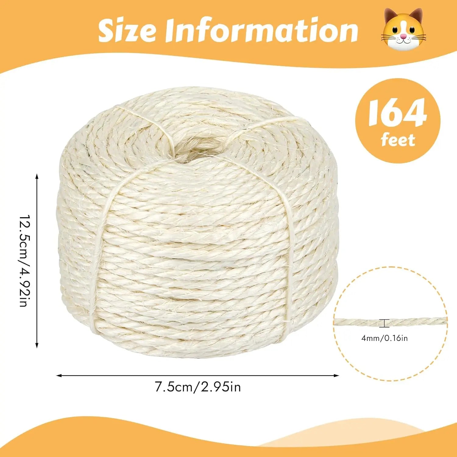 164 Feet Sisal Rope for Cat Scratching Post, 1/6 Inch Natural Cat Tree Rope, DIY Hemp Twine Rope for Repairing, Recovering Scratch Post Cats Tree Tower Replacement (White) Wholesale Hub