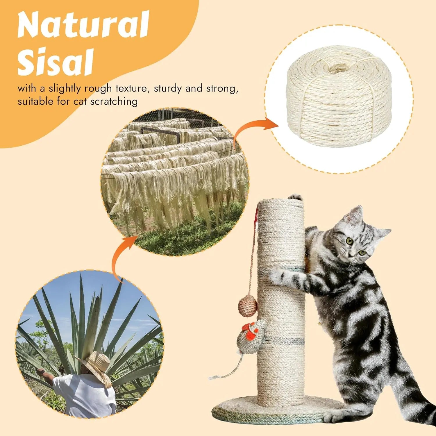 164 Feet Sisal Rope for Cat Scratching Post, 1/6 Inch Natural Cat Tree Rope, DIY Hemp Twine Rope for Repairing, Recovering Scratch Post Cats Tree Tower Replacement (White) Wholesale Hub