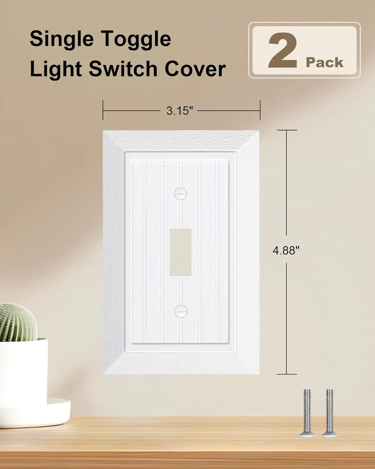 2-Pack Classic Beadboard Single Toggle Light Switch Cover Plate, Unbreakable Polycarbonate Decorative Switch Plate Covers, Pure White 1 Gang Wall Plate Wholesale Hub