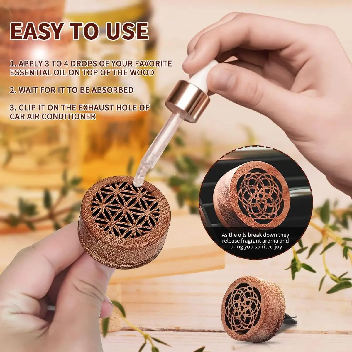 2-in-1 Car Aromatherapy Diffuser & Air Freshener, Portable Mini Wood Diffuser with Lava Stone, Essential Oil Vent Clip, 2 Charming Patterns Wholesale Hub