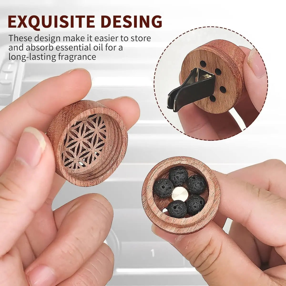 2-in-1 Car Aromatherapy Diffuser & Air Freshener, Portable Mini Wood Diffuser with Lava Stone, Essential Oil Vent Clip, 2 Charming Patterns Wholesale Hub