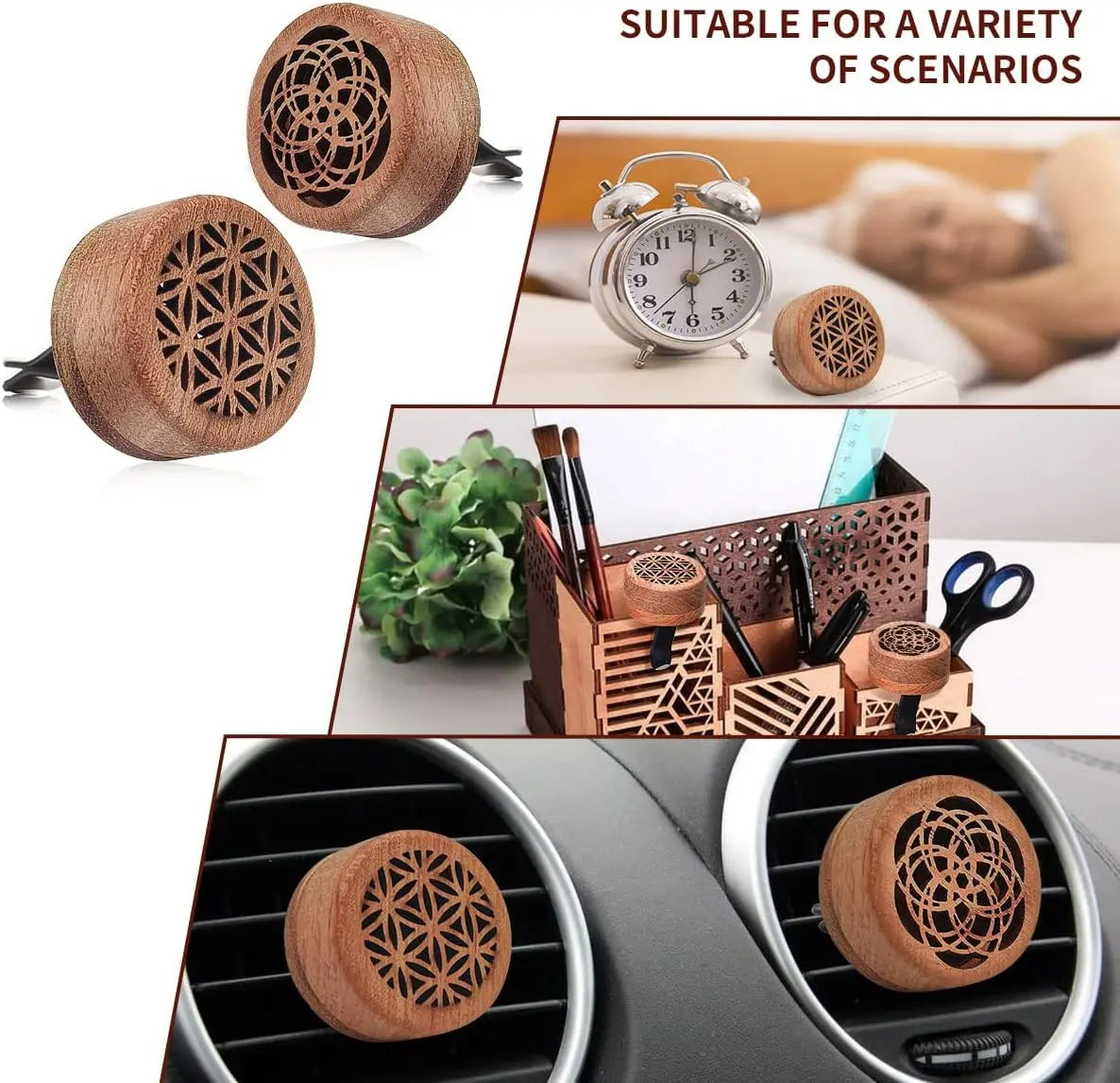 2-in-1 Car Aromatherapy Diffuser & Air Freshener, Portable Mini Wood Diffuser with Lava Stone, Essential Oil Vent Clip, 2 Charming Patterns Wholesale Hub