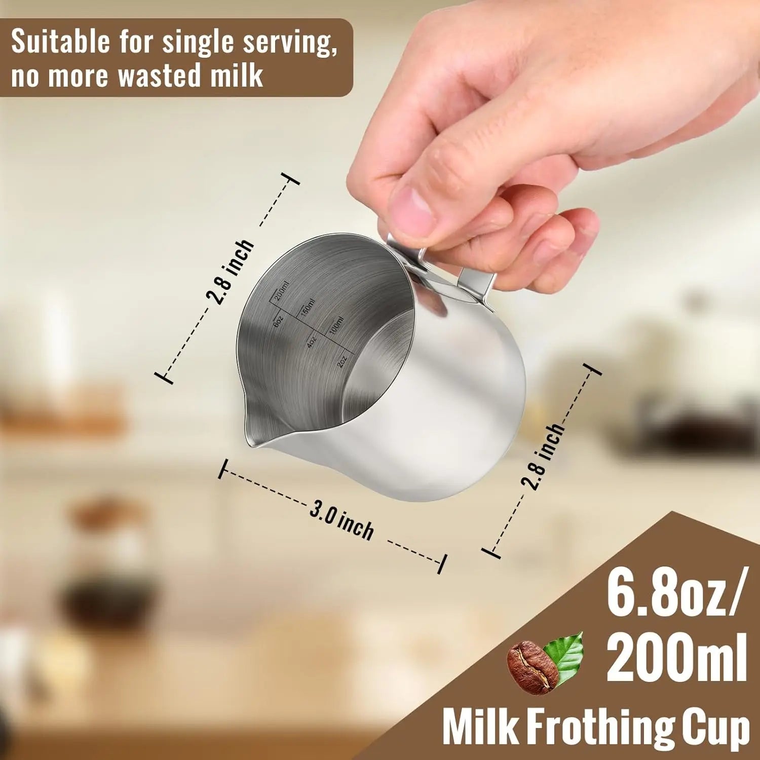 Milk Frothing Pitcher, 6.8oz/200ml Stainless Steel Milk Frother Cup, Small Steaming Pitcher for Espresso Machine, Latte Art Pour Cup Wholesale Hub
