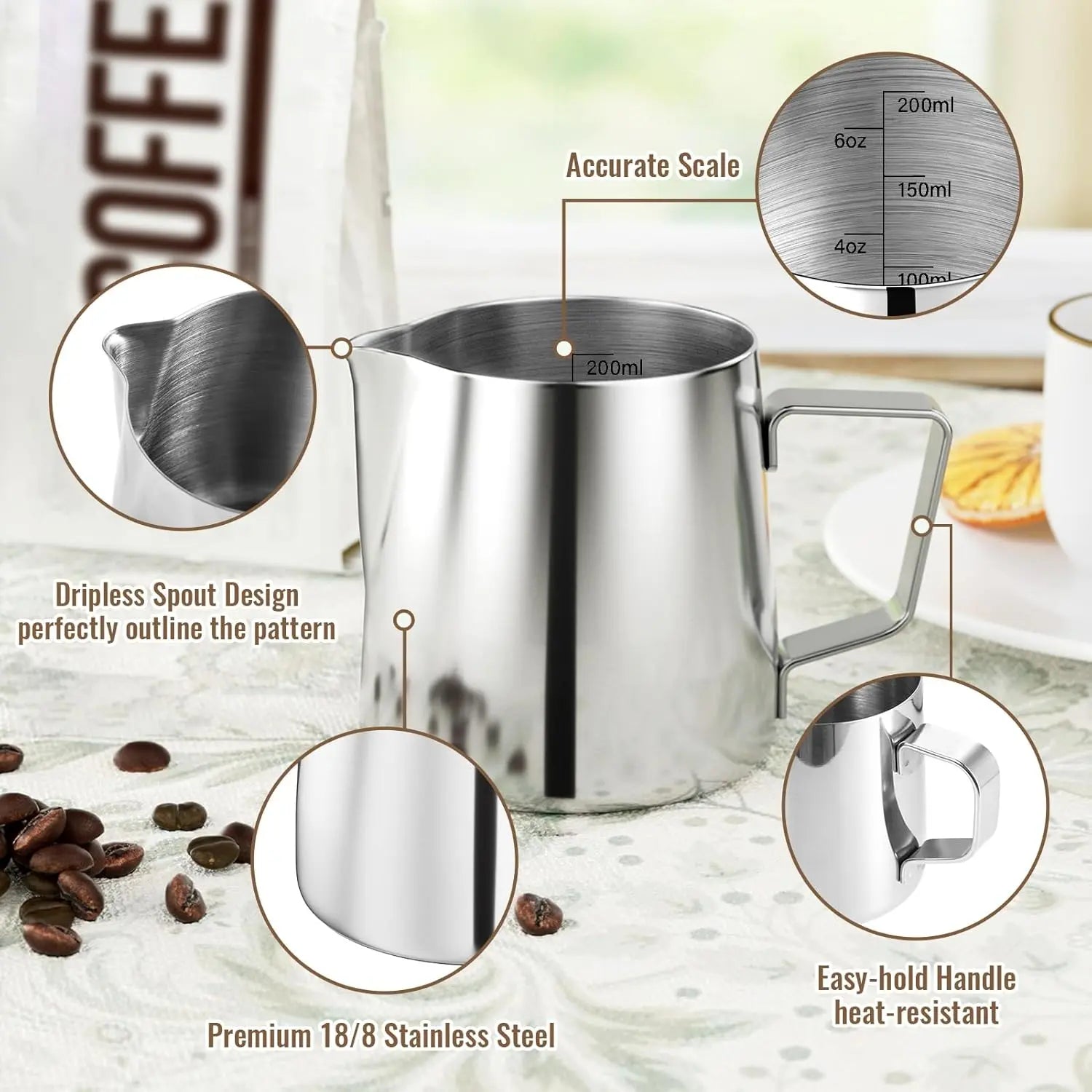 Milk Frothing Pitcher, 6.8oz/200ml Stainless Steel Milk Frother Cup, Small Steaming Pitcher for Espresso Machine, Latte Art Pour Cup Wholesale Hub