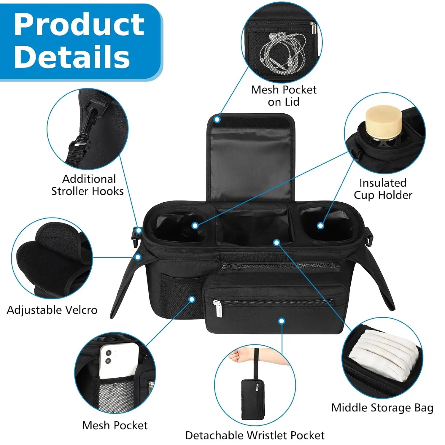 Universal Stroller Organizer with Insulated Cup Holder Detachable Phone Bag and Shoulder Strap,Stroller Bag Caddy Organizer Fits for Uppababy, Baby Jogger, Britax Strollers Wholesale Hub
