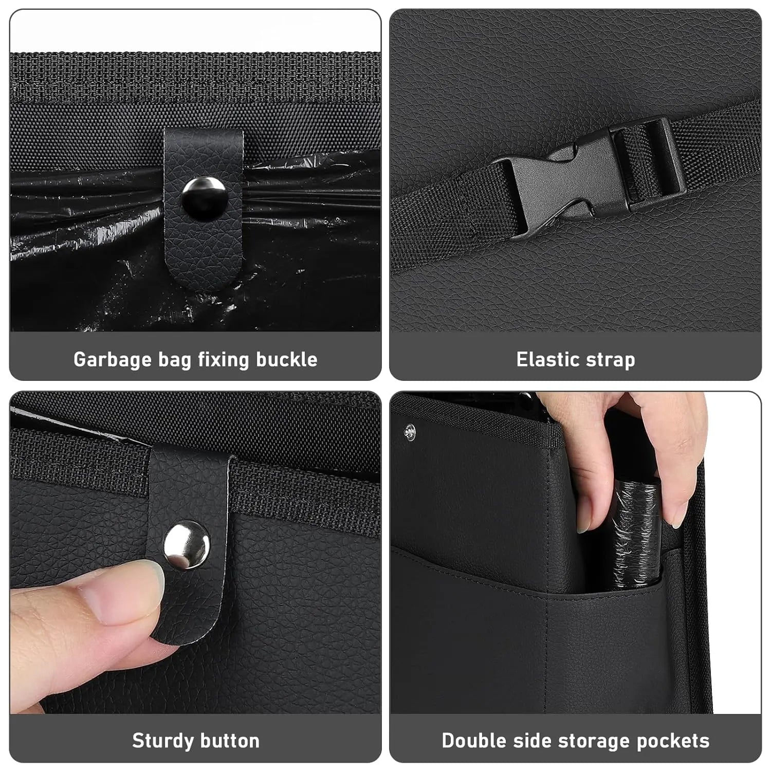 Car Trash Can with Pocket, Small Vehicle Dustbin Automotive Garbage Organizer Bin with 60 Pcs Trash Bags, Hanging Cars Storage Container for SUV Vans (Black) Wholesale Hub