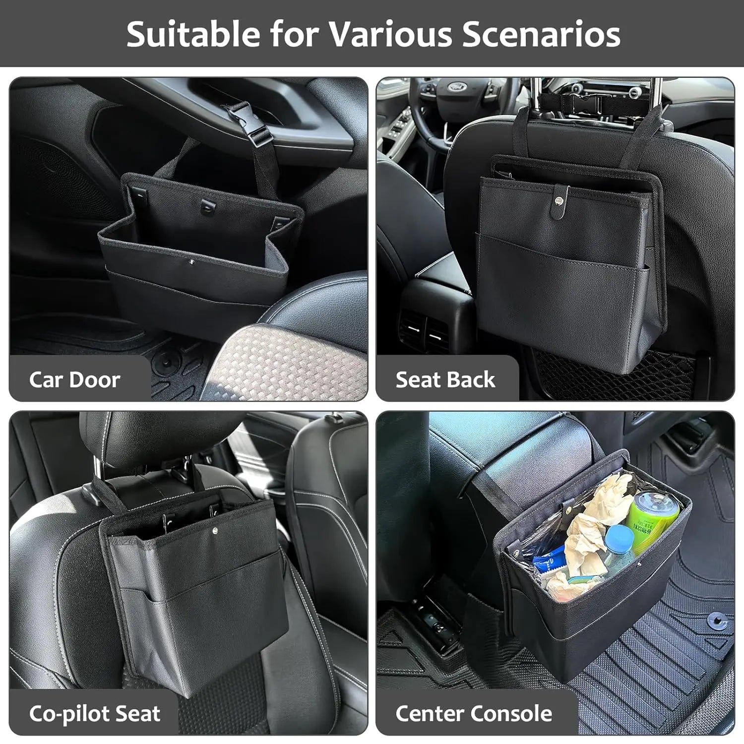 Car Trash Can with Pocket, Small Vehicle Dustbin Automotive Garbage Organizer Bin with 60 Pcs Trash Bags, Hanging Cars Storage Container for SUV Vans (Black) Wholesale Hub