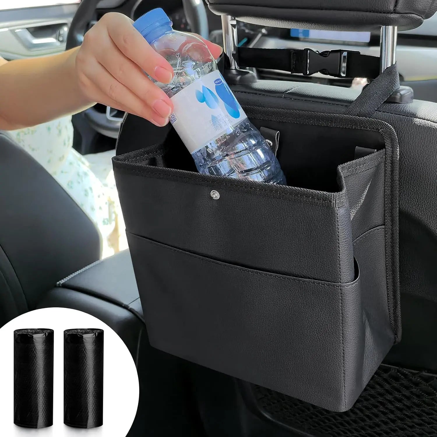 Car Trash Can with Pocket, Small Vehicle Dustbin Automotive Garbage Organizer Bin with 60 Pcs Trash Bags, Hanging Cars Storage Container for SUV Vans (Black) Wholesale Hub
