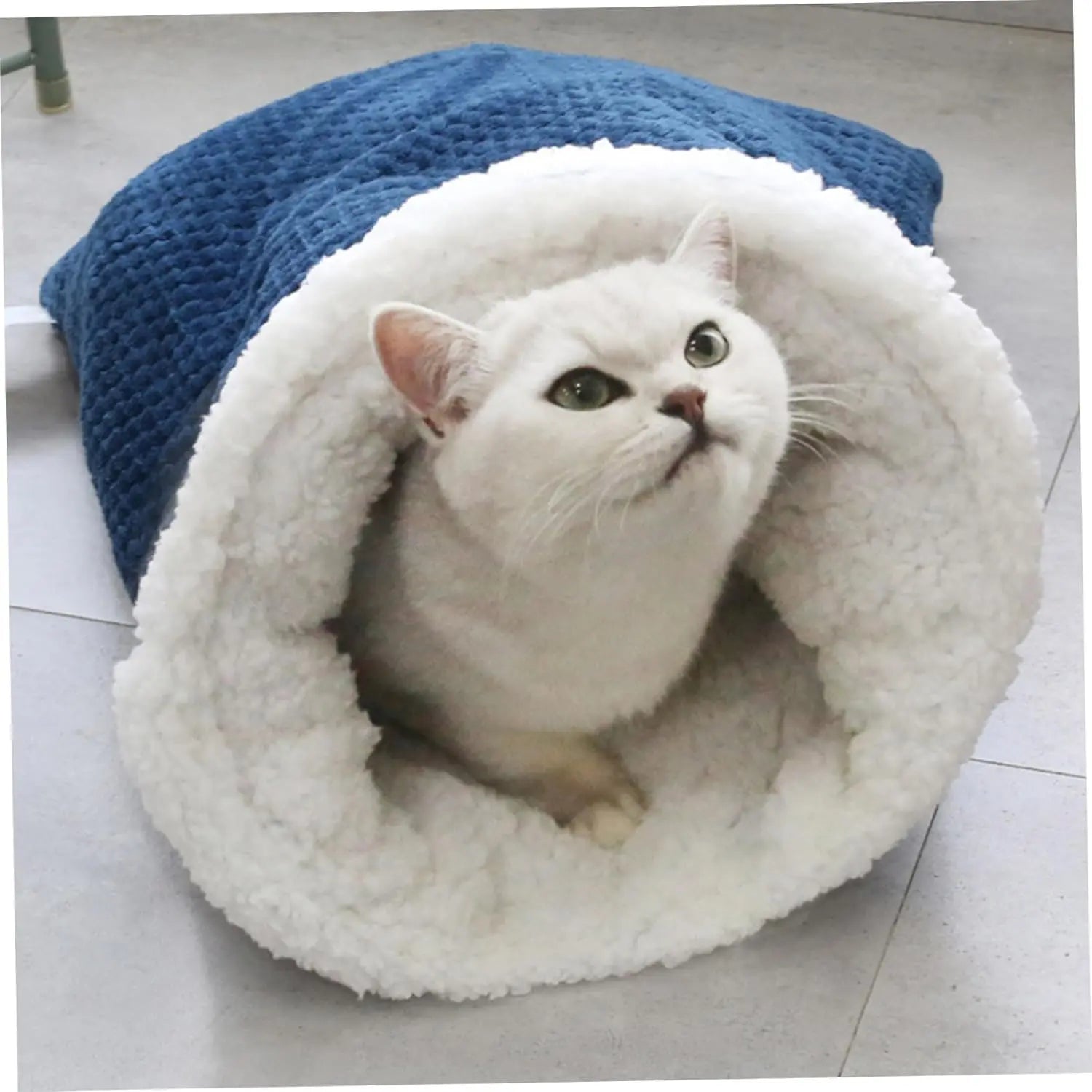 Cat Sleeping Bag Nest - Half-Closed Design - Plush & Fleece - Warm - Navy Blue - 1 Piece Wholesale Hub