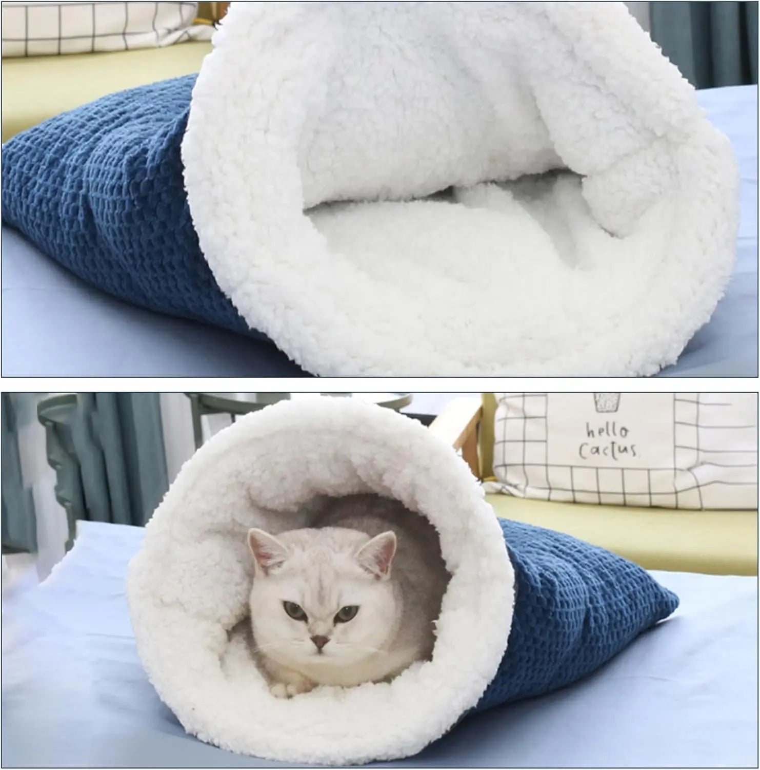 Cat Sleeping Bag Nest - Half-Closed Design - Plush & Fleece - Warm - Navy Blue - 1 Piece Wholesale Hub