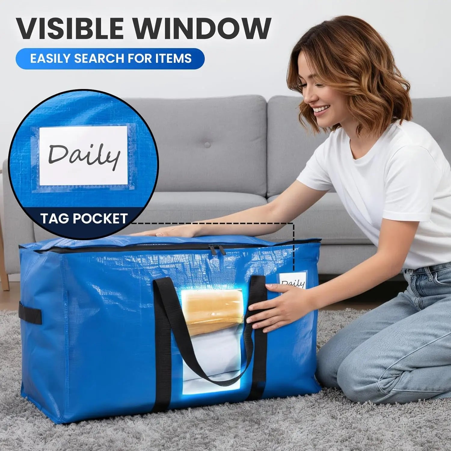 Extra Large Moving Bags, 4 Pack Blue Heavy Duty Totes For Storage with Visible Window, Wrap Around Handles, Storage Bags for Space Saving, Alternative to Moving Boxes Wholesale Hub