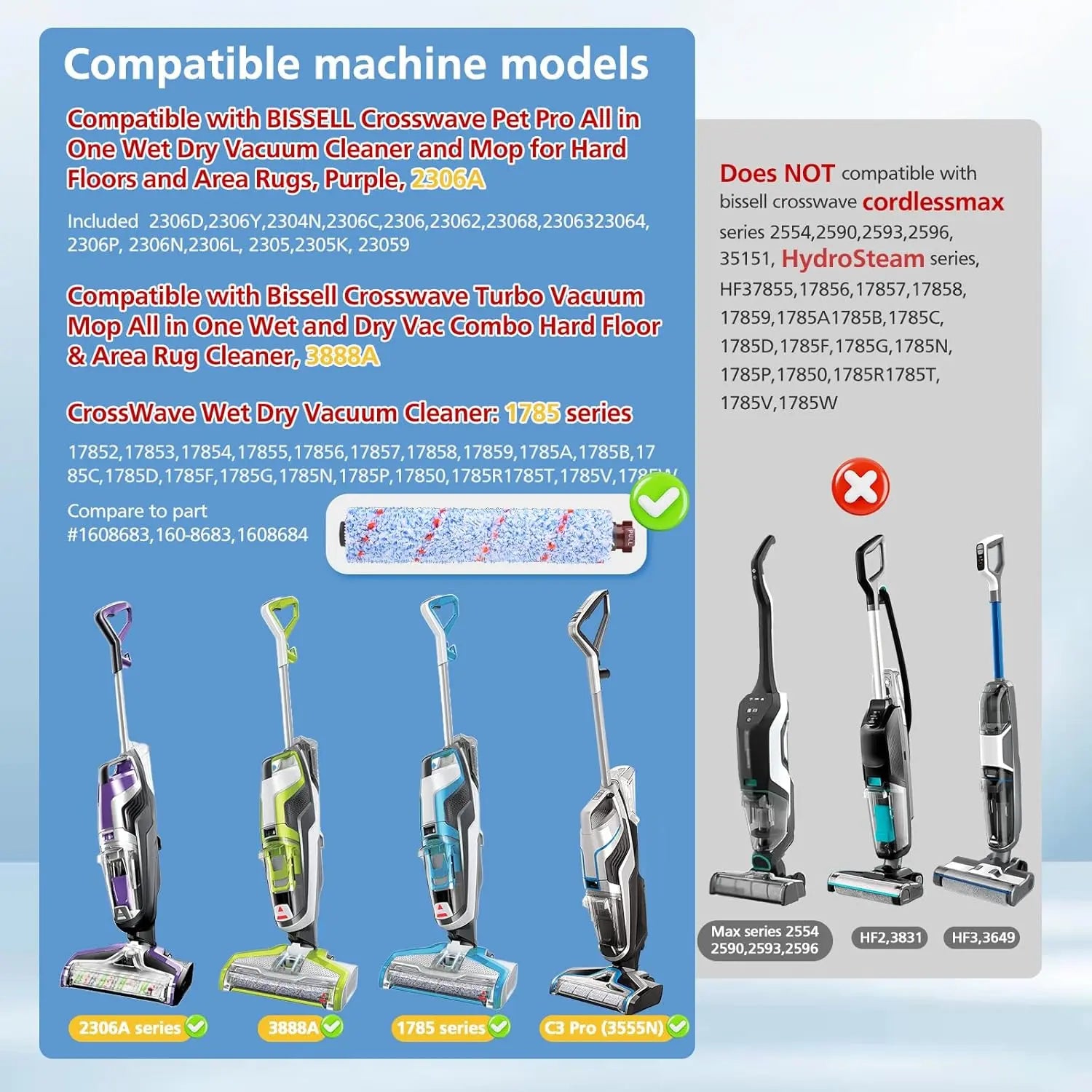 Replacements Compatible with Bissell CrossWave, 3 Multi-Surface Brush Roll 1868 + 3 Vacuum Filter 1866 Vacuum Filter, Compare to Part 1608683, 160-8683, 1608684 Wholesale Hub