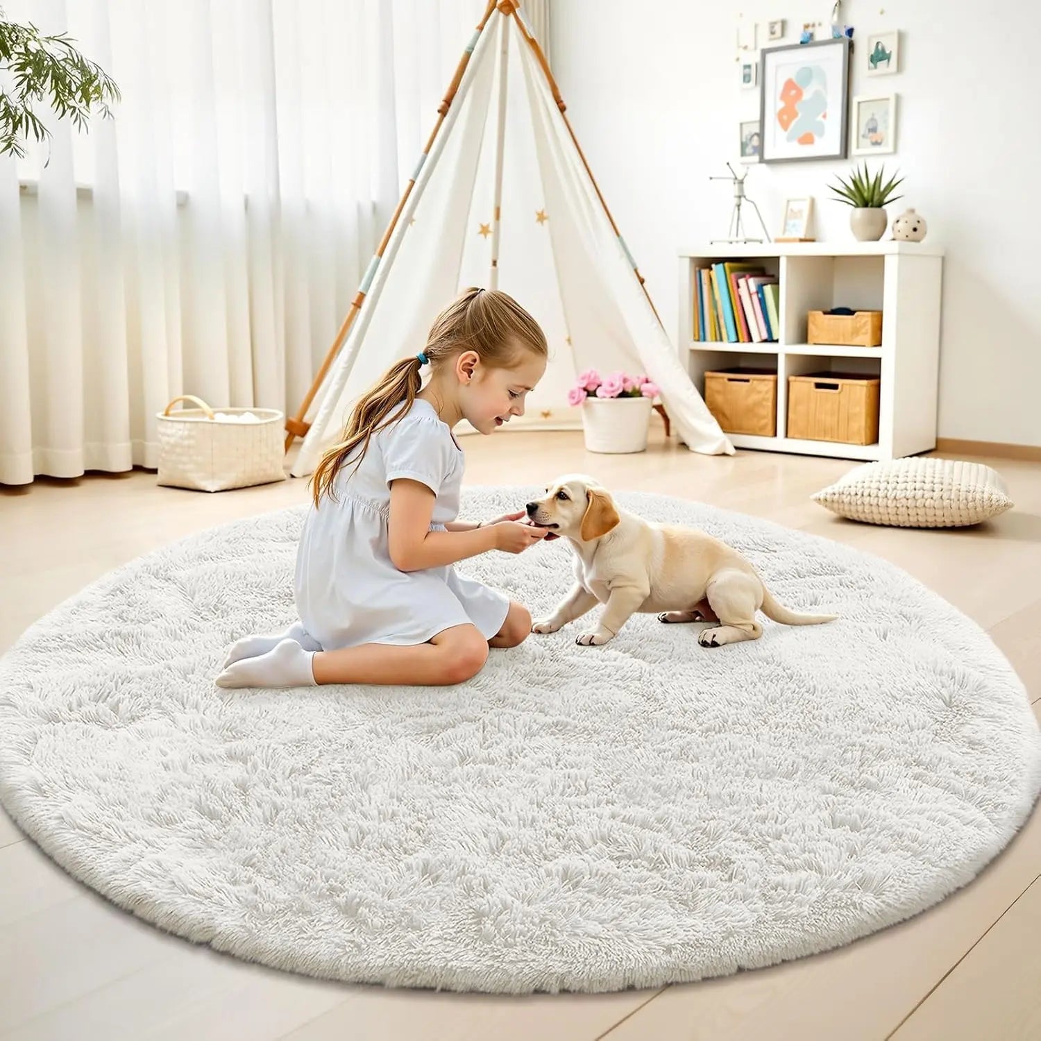 Cream White Round Rugs for Bedroom, 4 Ft Machine Washable Circle Area Rugs for Living Room, Non-Slip Fluffy Carpet for Teen Girls and Boys, Dorms, Nursery Rooms, Home Decor Aesthetic Wholesale Hub