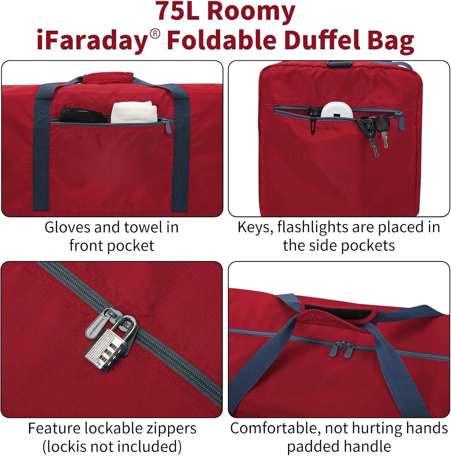 Foldable Duffle Bag 30 inch 75L Large Lightweight Luggage Bag for Travel Camping Storage-Red Wholesale Hub