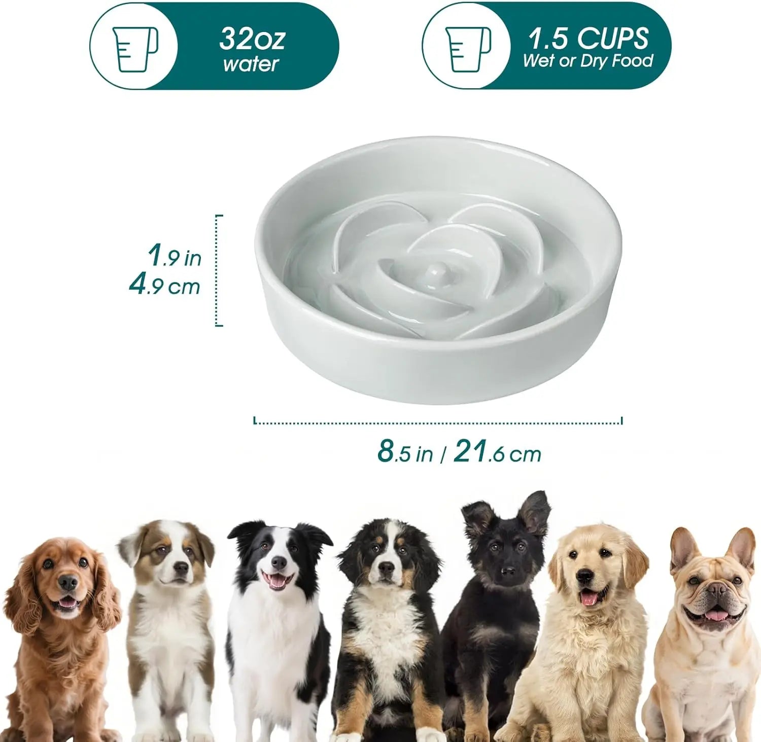 Slow Feeder Dog Bowl, 1.5 Cups Ceramic Dog Food Dish for Fast Eaters Small Breed, Puzzle Bowl for Small Dogs and Cats, Grayish Cyan Wholesale Hub