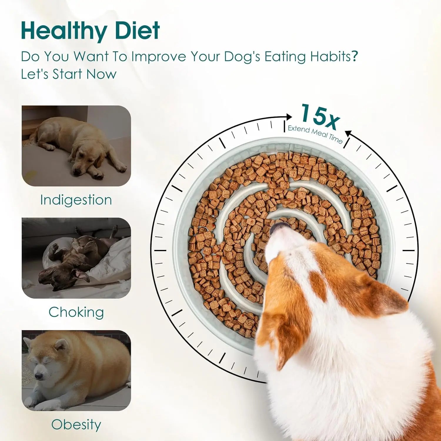 Slow Feeder Dog Bowl, 1.5 Cups Ceramic Dog Food Dish for Fast Eaters Small Breed, Puzzle Bowl for Small Dogs and Cats, Grayish Cyan Wholesale Hub