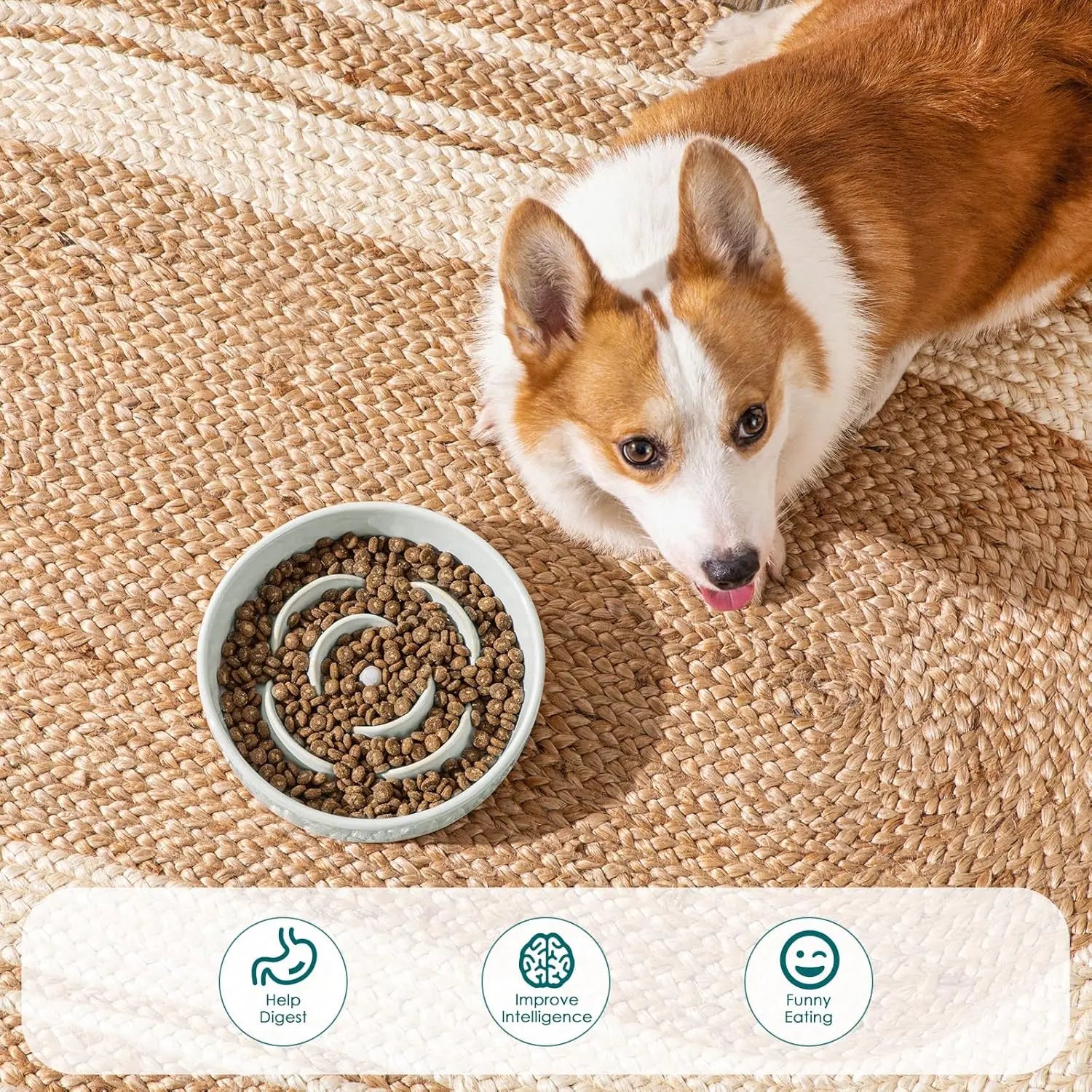 Slow Feeder Dog Bowl, 1.5 Cups Ceramic Dog Food Dish for Fast Eaters Small Breed, Puzzle Bowl for Small Dogs and Cats, Grayish Cyan Wholesale Hub