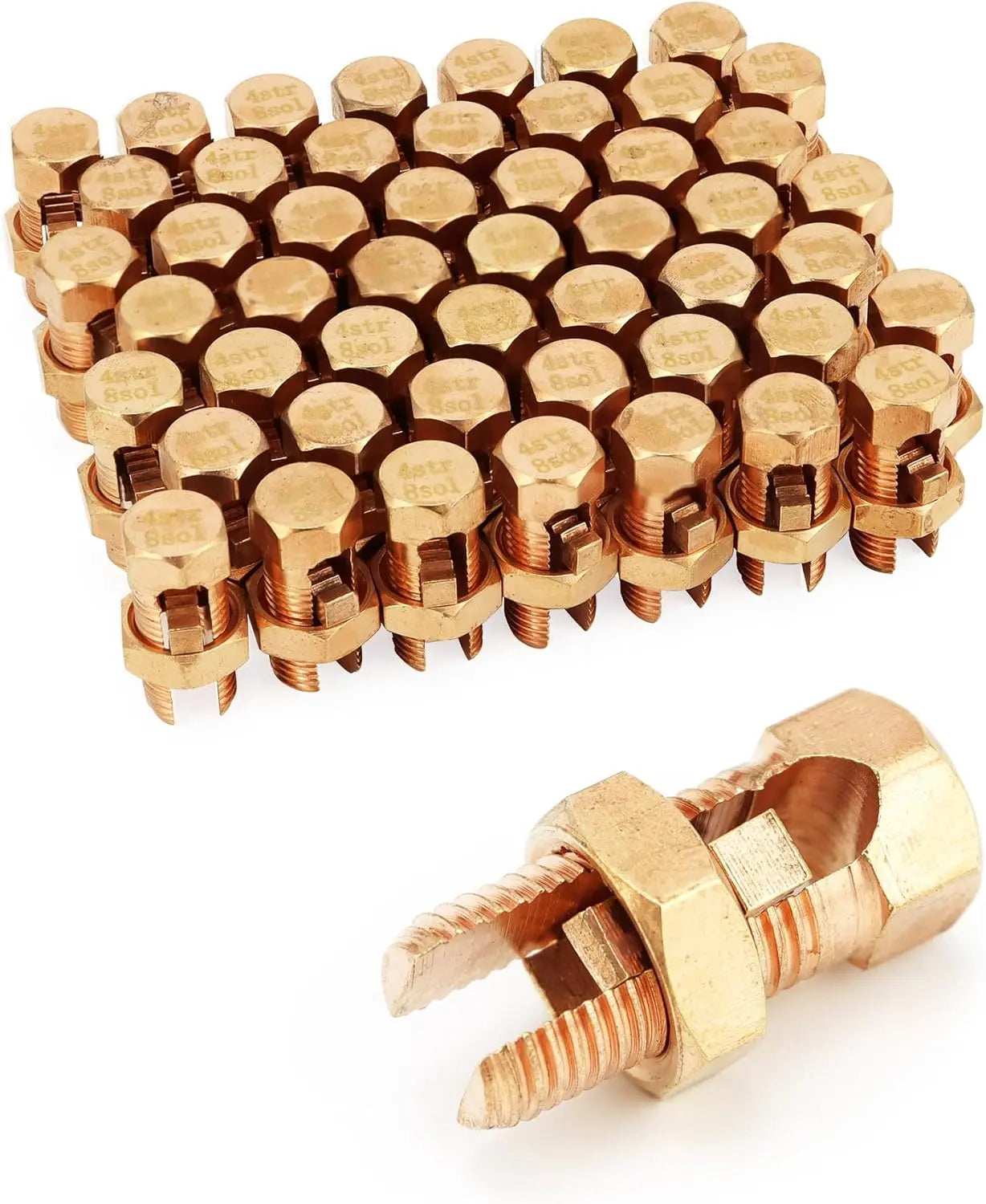 Grounding Split Bolt, 50 Pieces 4 Gauge 8 Gauge High Strength Split Bolt Connectors, Ground Wire Clamp, Solid Copper, for Antenna, Satellite Dish, Cable TV Wholesale Hub