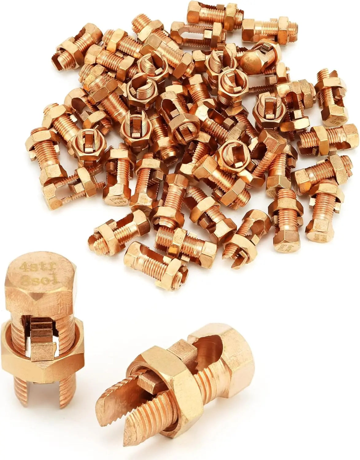 Grounding Split Bolt, 50 Pieces 4 Gauge 8 Gauge High Strength Split Bolt Connectors, Ground Wire Clamp, Solid Copper, for Antenna, Satellite Dish, Cable TV Wholesale Hub