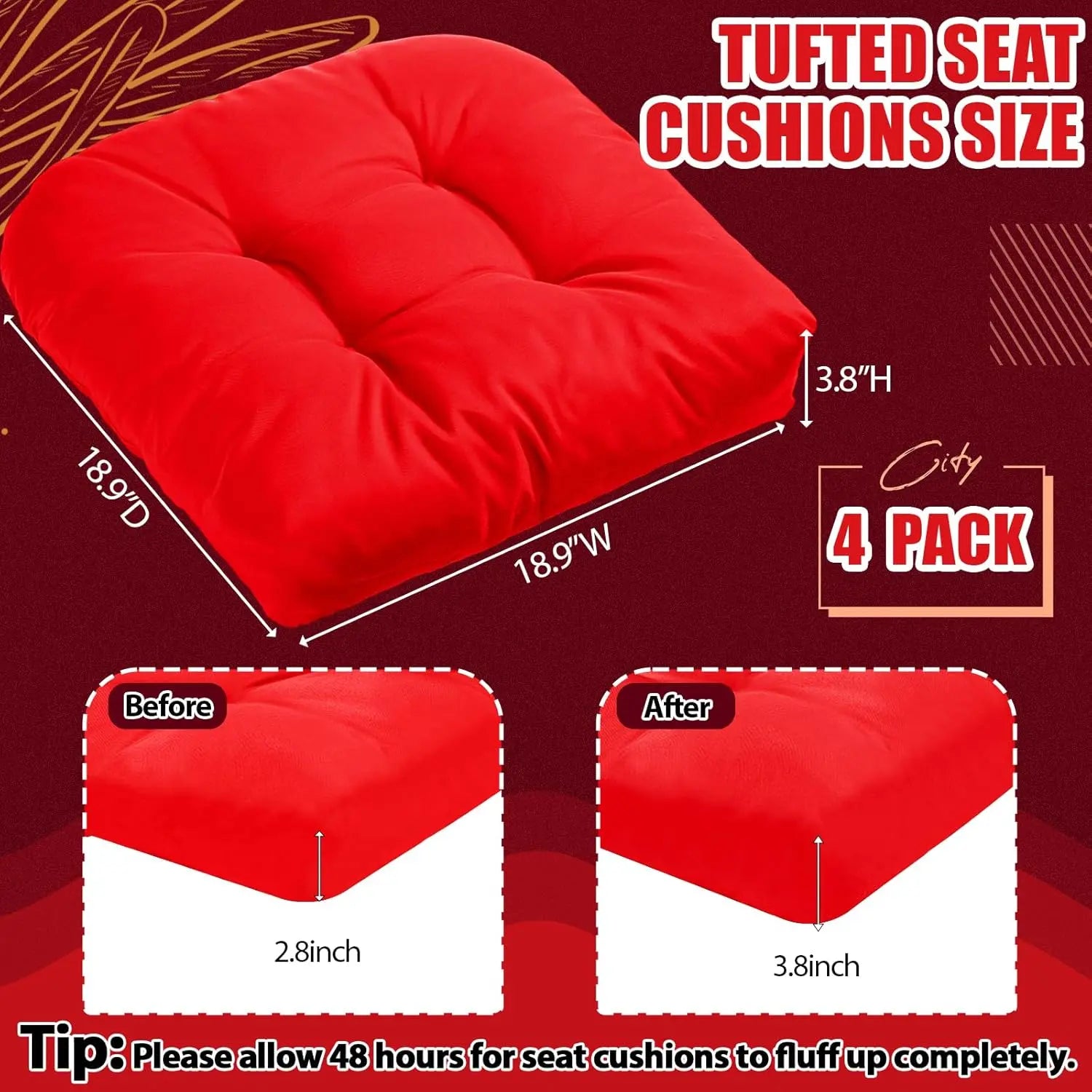 4 Pcs Outdoor Chair Cushions 18.9 x 18.9 Inch Waterproof Sun Protection Patio Furniture Overstuffed Seat Cushion Chair Pad with Round Corner for Indoor(Red) Wholesale Hub