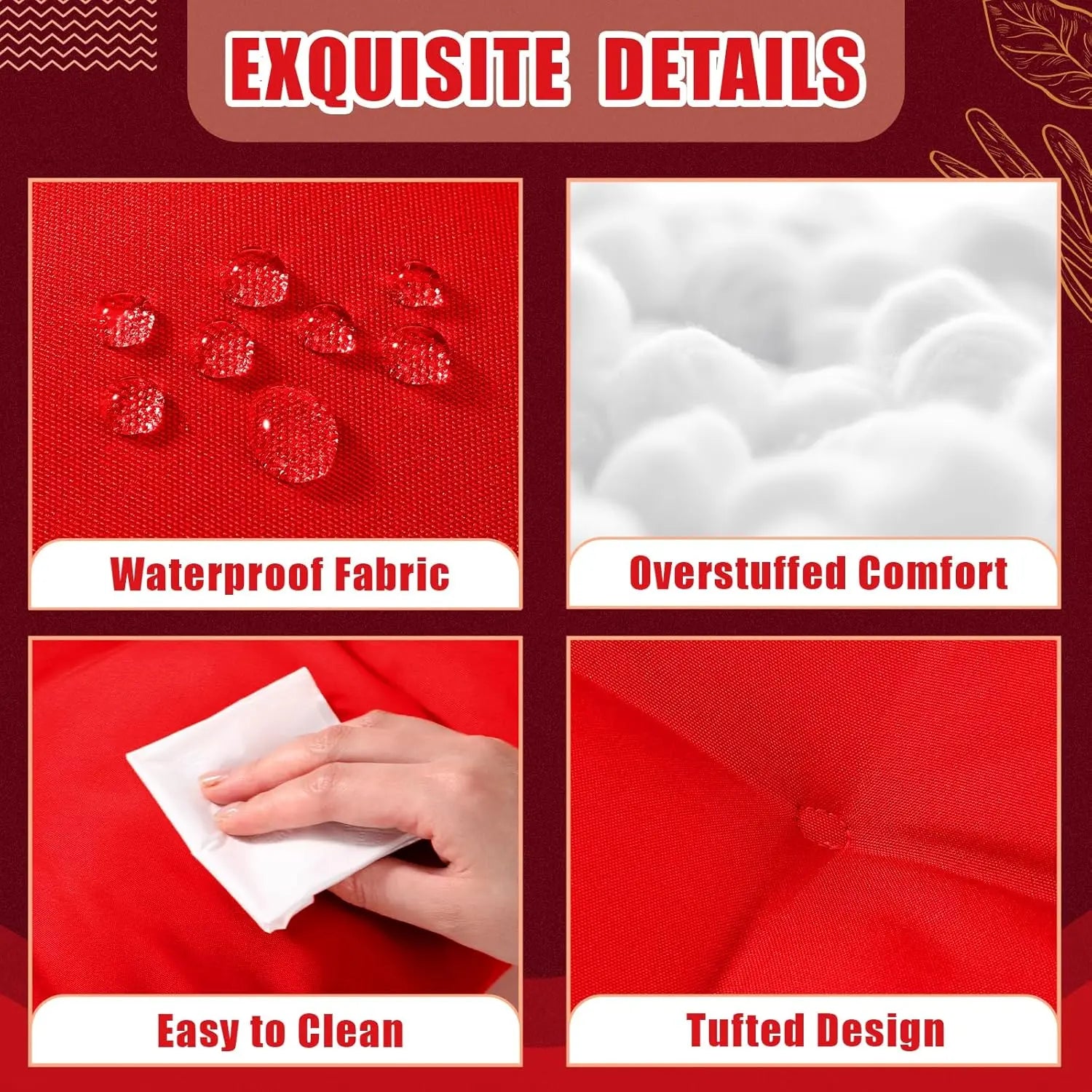 4 Pcs Outdoor Chair Cushions 18.9 x 18.9 Inch Waterproof Sun Protection Patio Furniture Overstuffed Seat Cushion Chair Pad with Round Corner for Indoor(Red) Wholesale Hub
