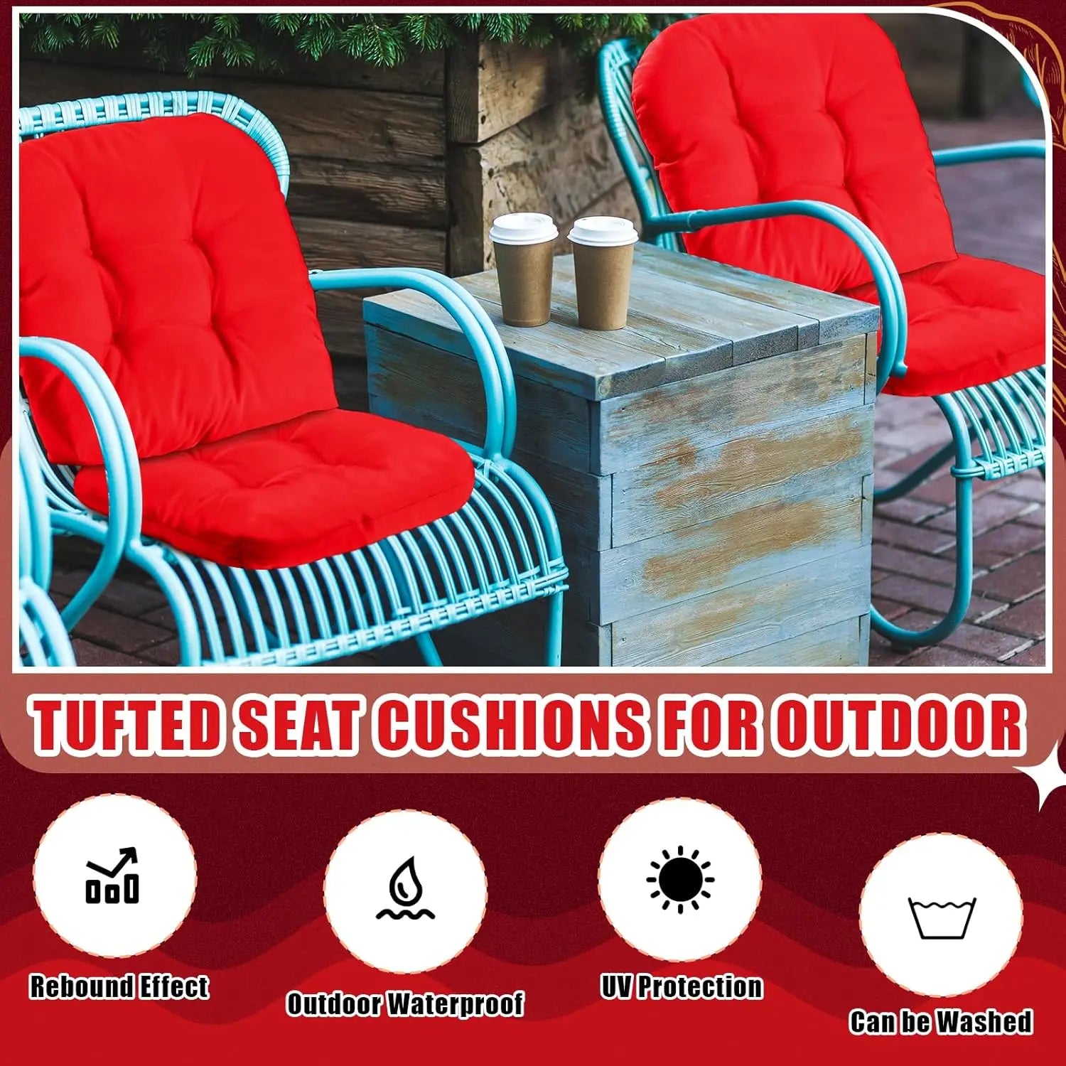 4 Pcs Outdoor Chair Cushions 18.9 x 18.9 Inch Waterproof Sun Protection Patio Furniture Overstuffed Seat Cushion Chair Pad with Round Corner for Indoor(Red) Wholesale Hub